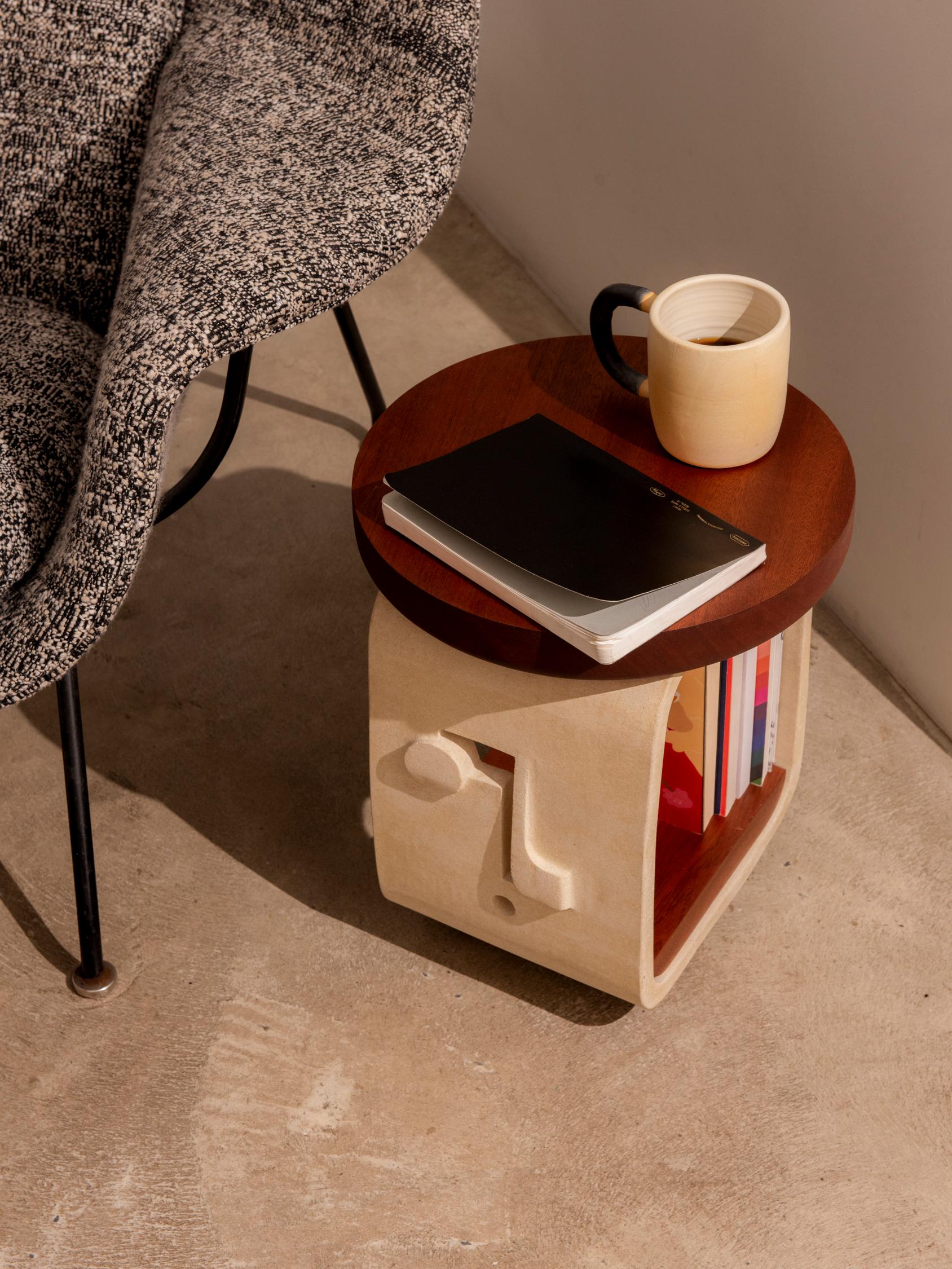 American Piscina Mini Reader Side Table in Unglazed Ceramic and African Mahogany 