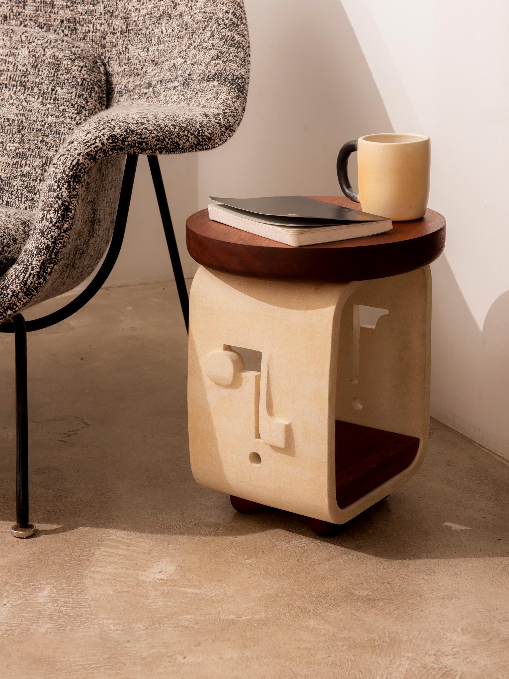 Hand-Crafted Piscina Mini Reader Side Table in Unglazed Ceramic and African Mahogany 