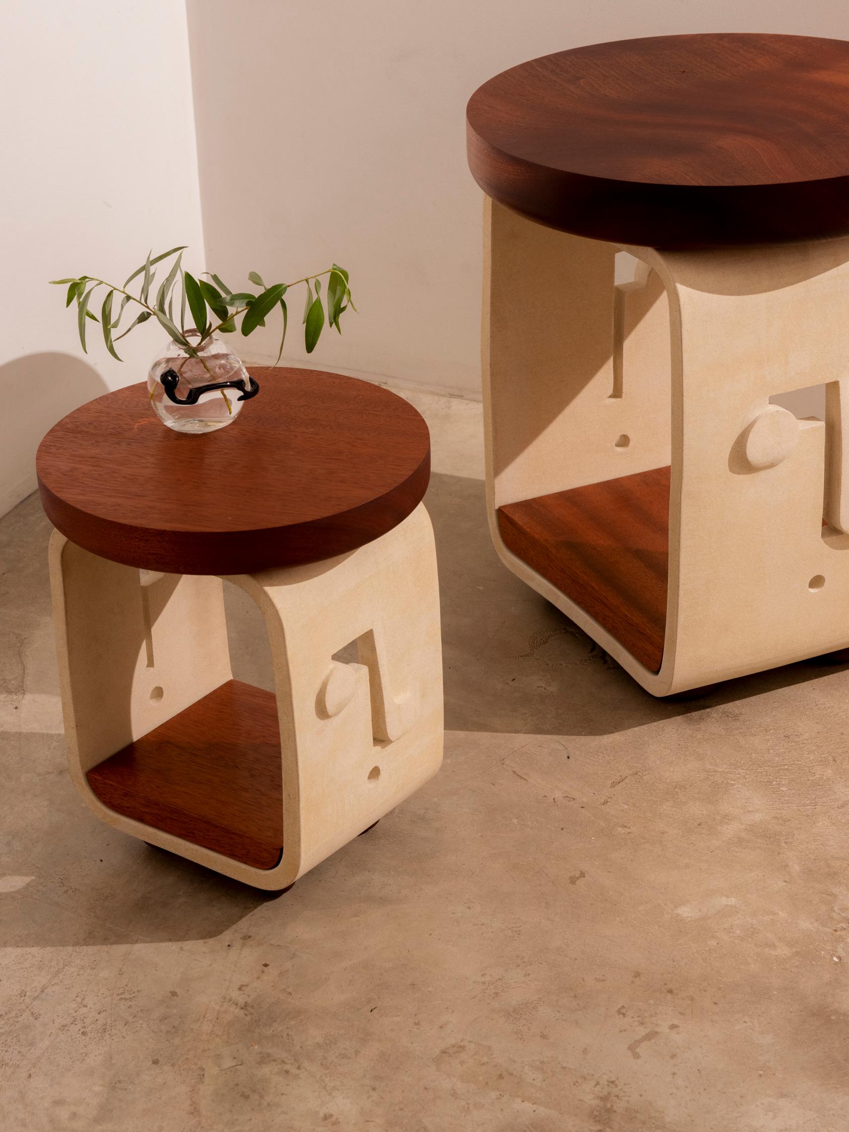 Contemporary Piscina Mini Reader Side Table in Unglazed Ceramic and African Mahogany 