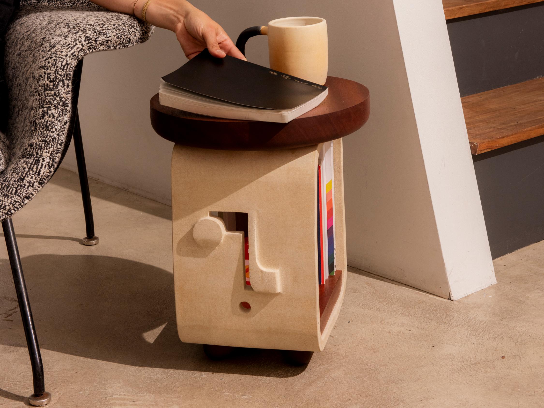 American Piscina Mini Reader Side Table in Unglazed Ceramic and Sapele  For Sale