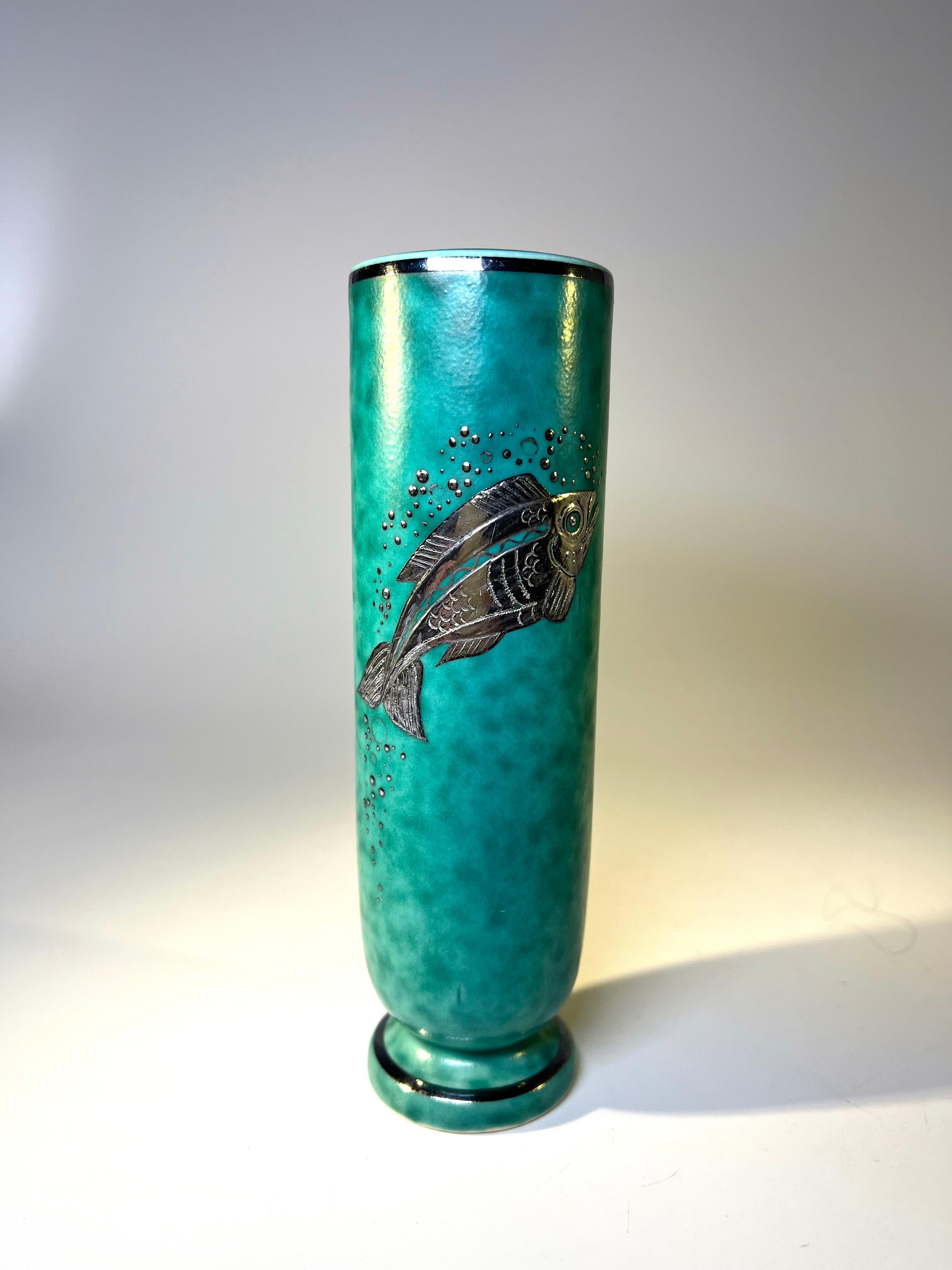 Art Deco Piscine Stoneware Vase Applied Silver, Wilhelm Kage, Argenta, Gustavsberg #1029 For Sale