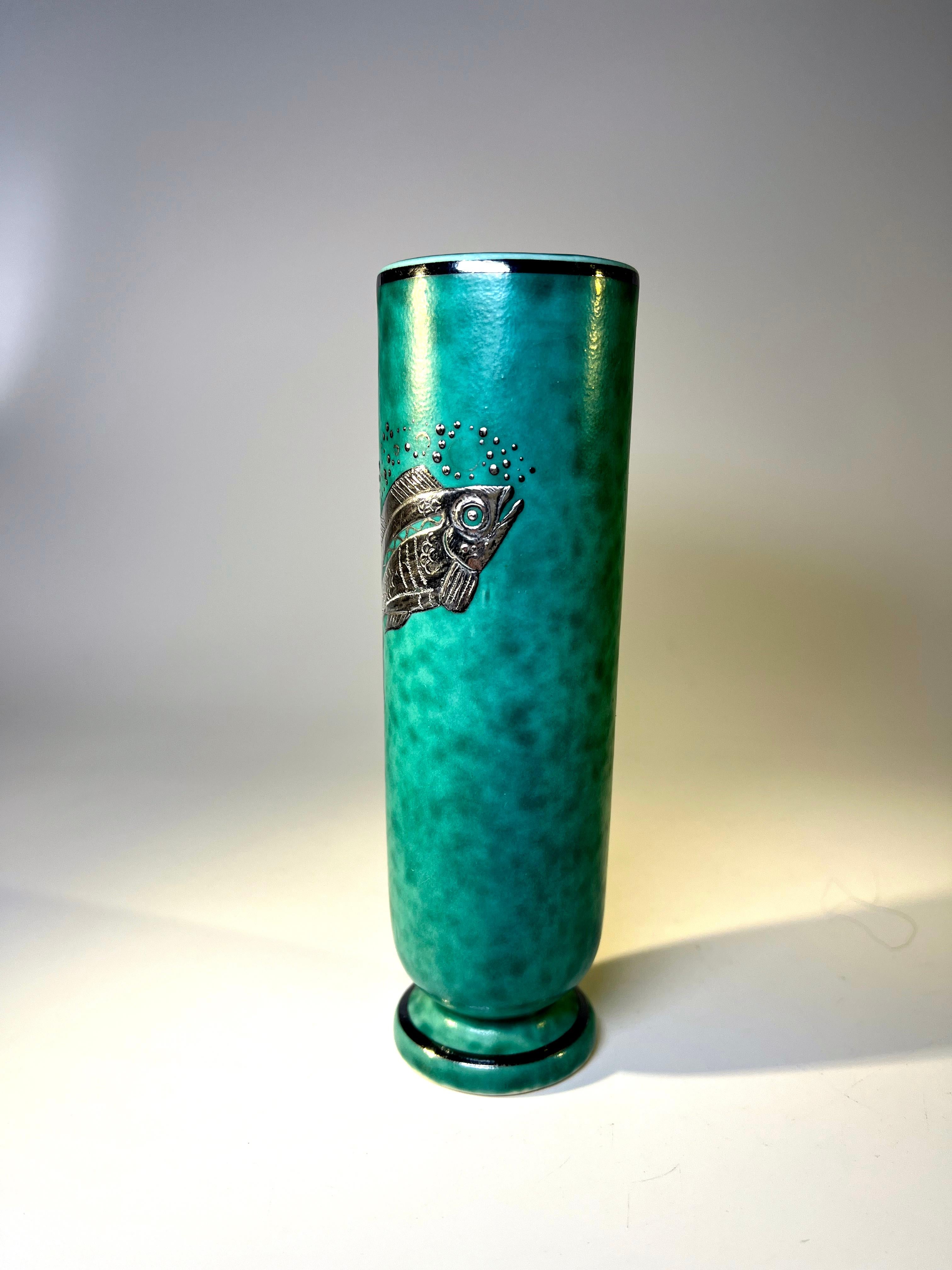 Swedish Piscine Stoneware Vase Applied Silver, Wilhelm Kage, Argenta, Gustavsberg #1029 For Sale