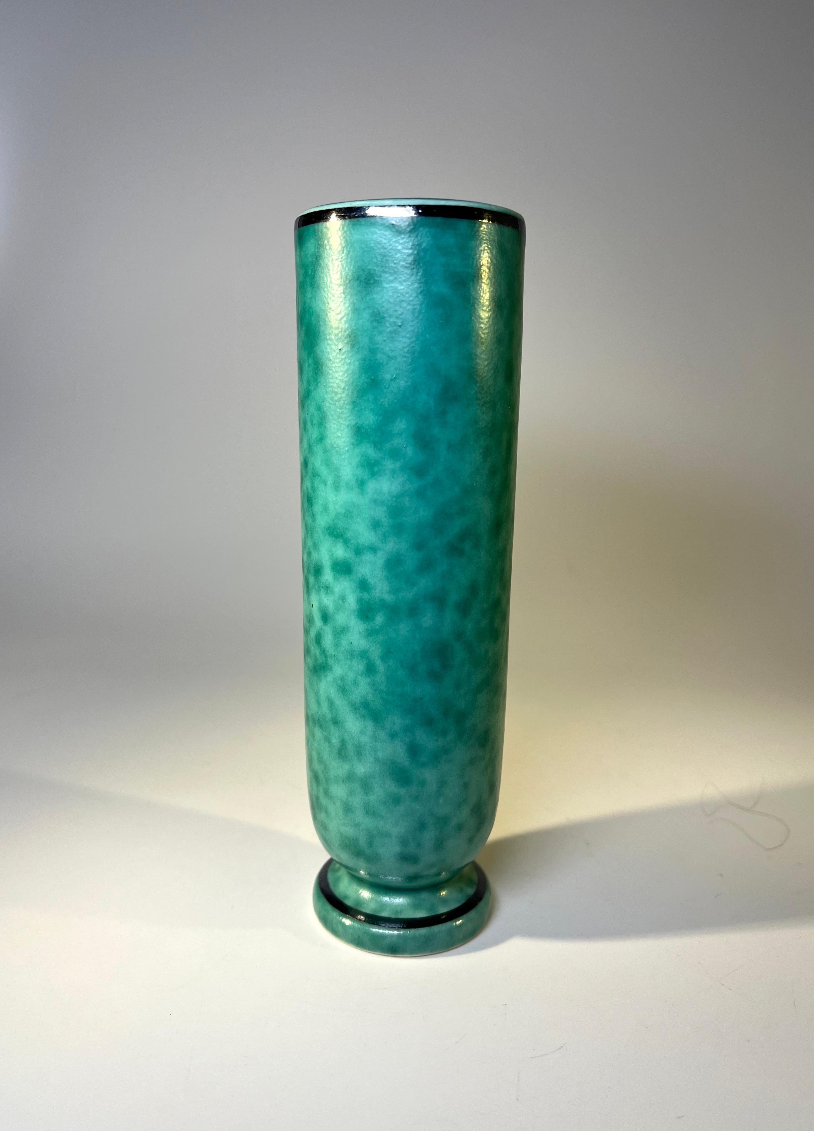 Glazed Piscine Stoneware Vase Applied Silver, Wilhelm Kage, Argenta, Gustavsberg #1029 For Sale