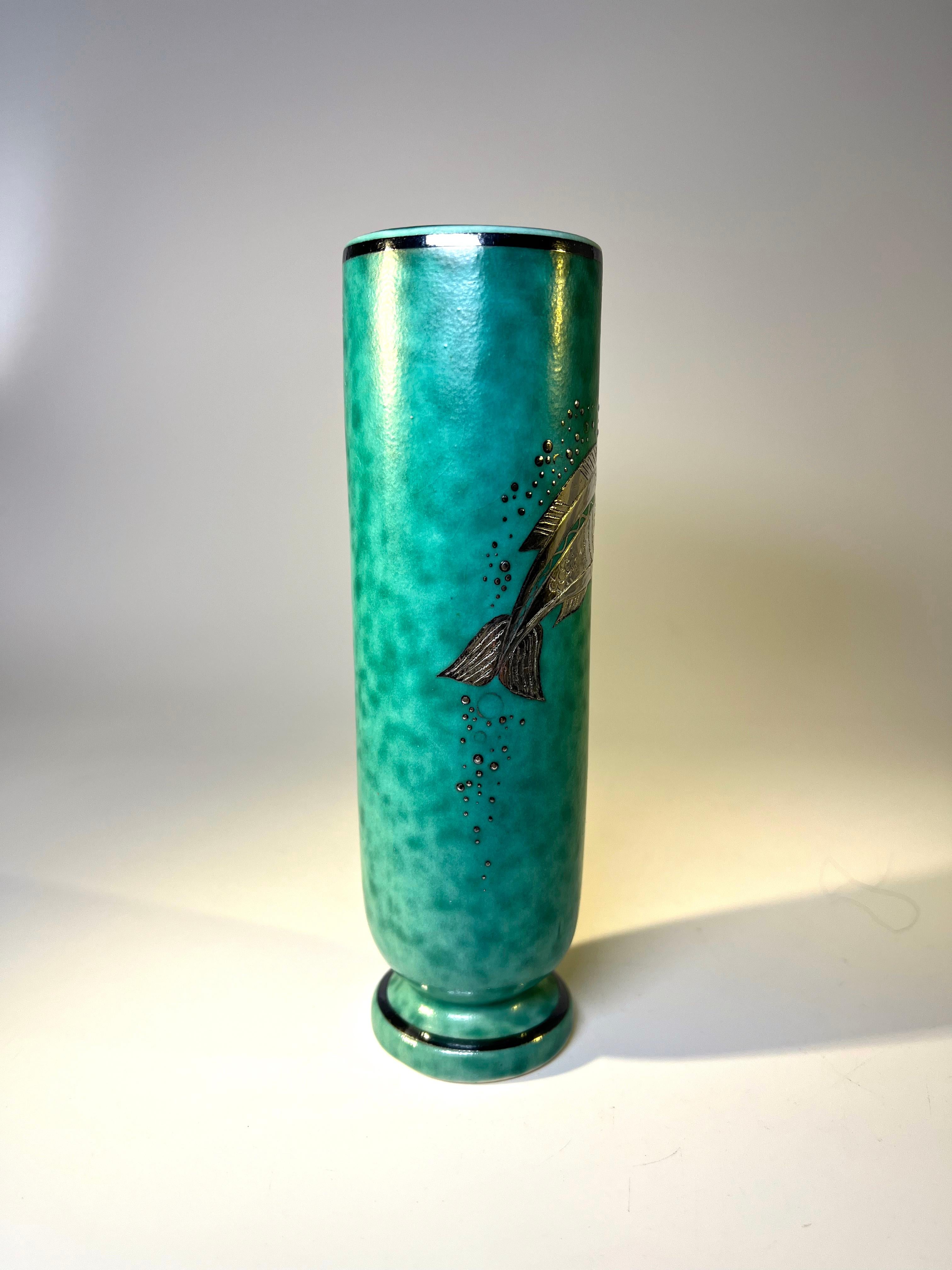 Piscine Stoneware Vase Applied Silver, Wilhelm Kage, Argenta, Gustavsberg #1029 In Excellent Condition For Sale In Rothley, Leicestershire