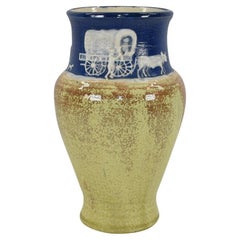 Pisgah Forest Westward Ho Blue Gold 1941 Vintage Art Pottery Vase 'Stephens'