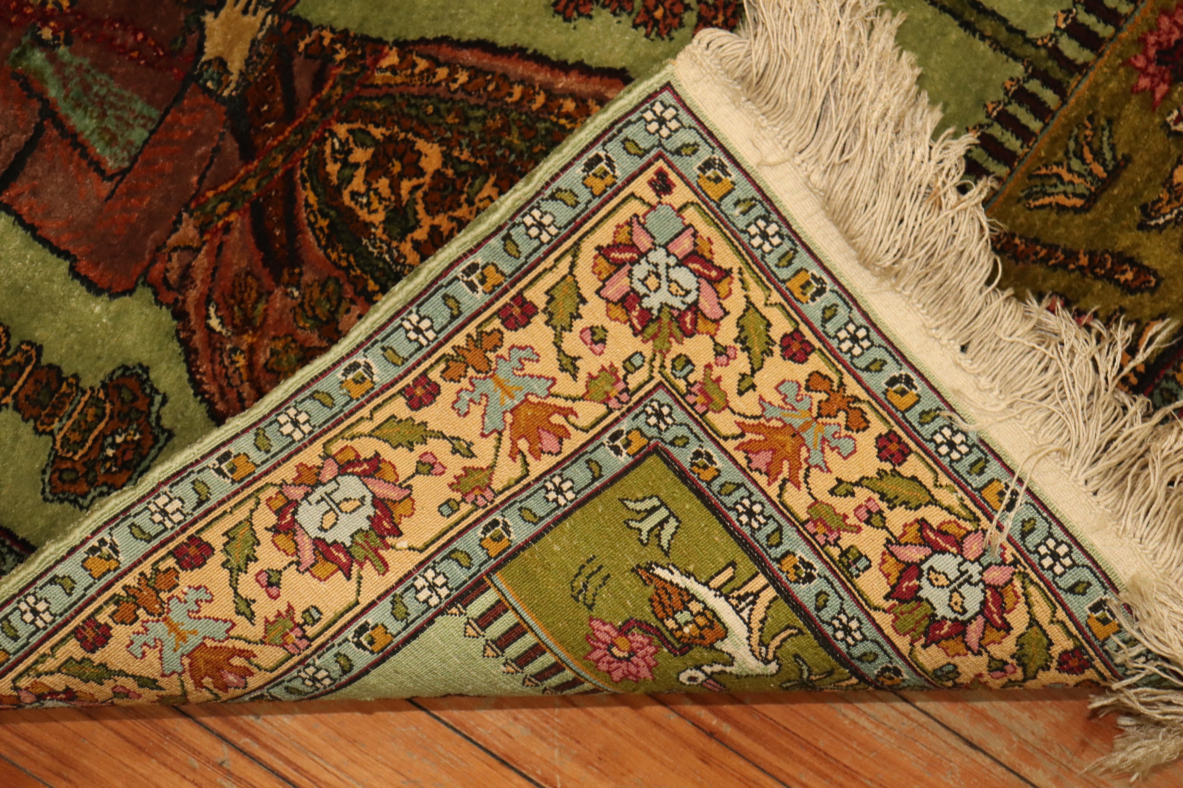 Turkish Pistachio Green Indian Silk Persian King Rug, Late 20th Century For Sale
