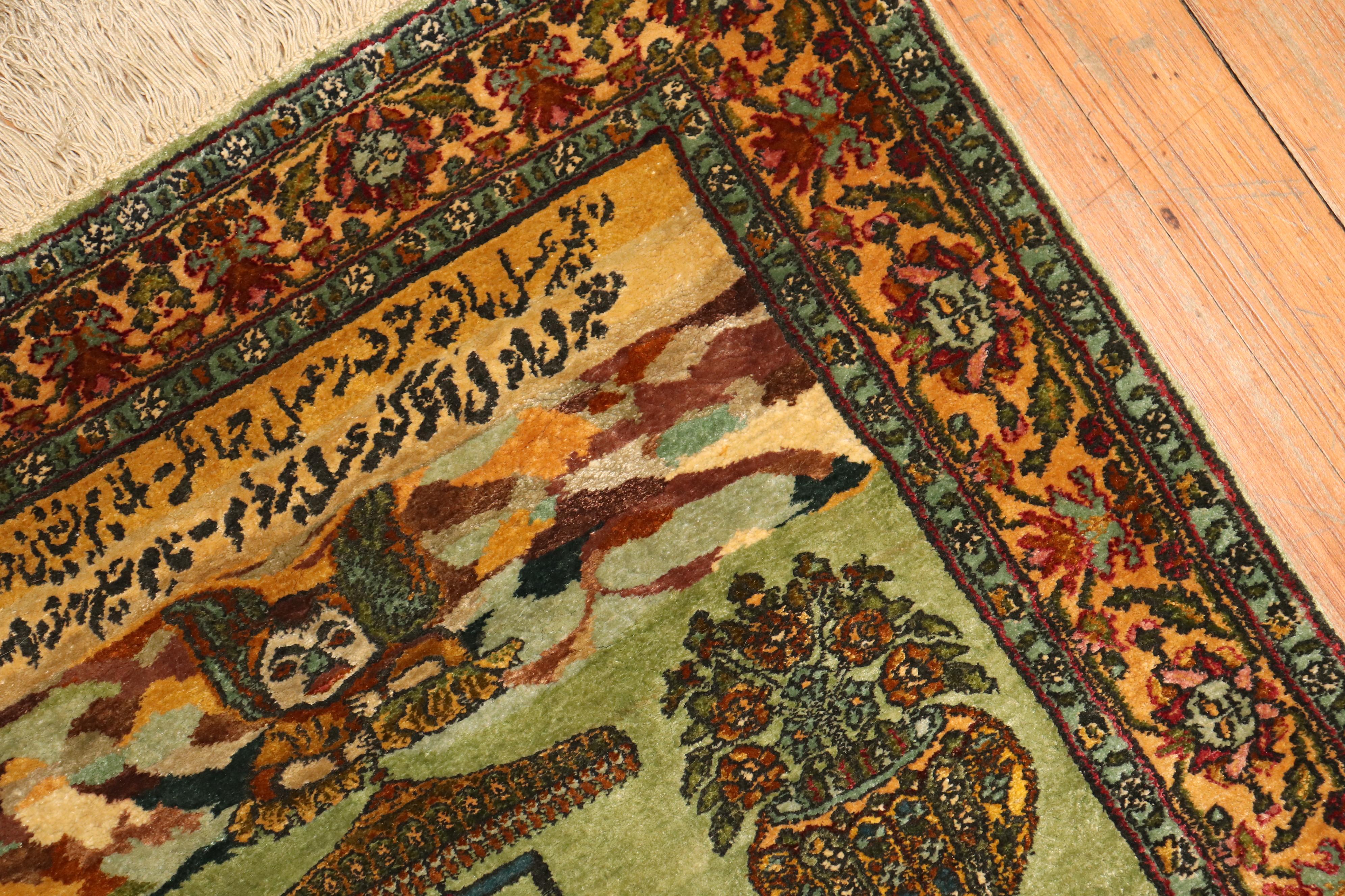Pistachio Green Indian Silk Persian King Rug, Late 20th Century In Excellent Condition For Sale In New York, NY