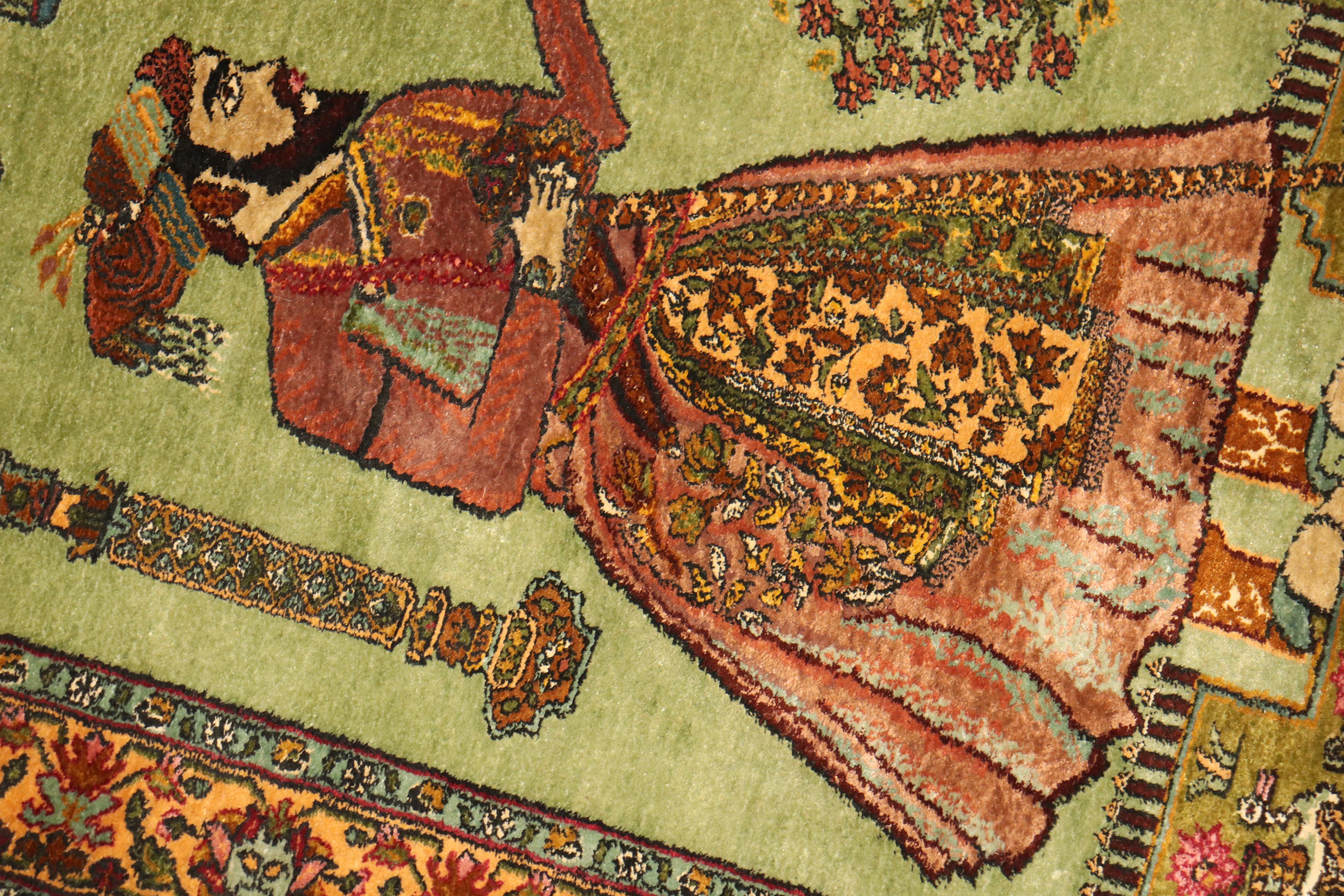 Soie Tapis de roi persan en soie de Pistachio vert, fin du 20ème siècle en vente