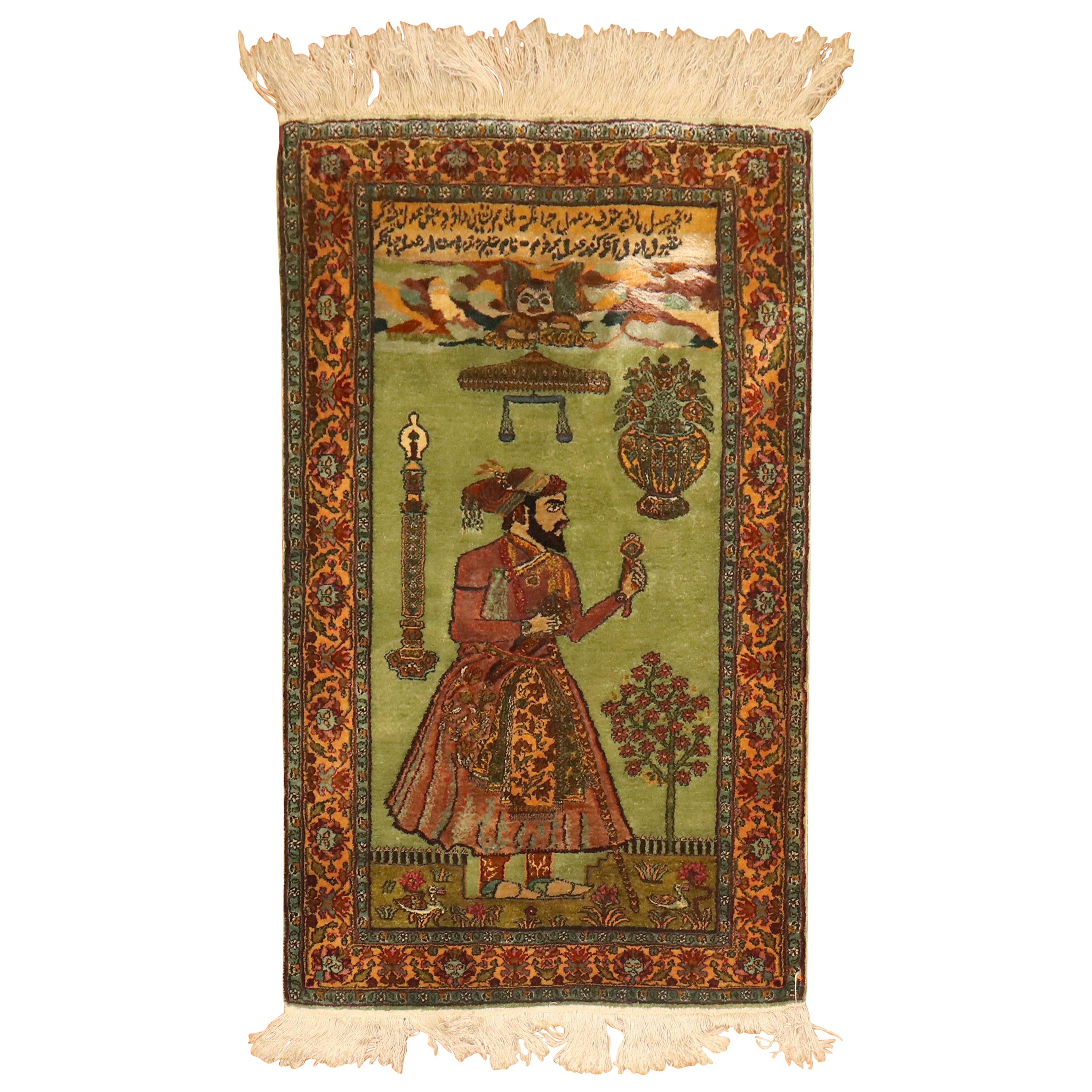 Pistachio Green Indian Silk Persian King Rug, Late 20th Century For Sale