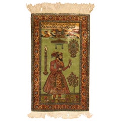Tapis de roi persan en soie de Pistachio vert, fin du 20ème siècle