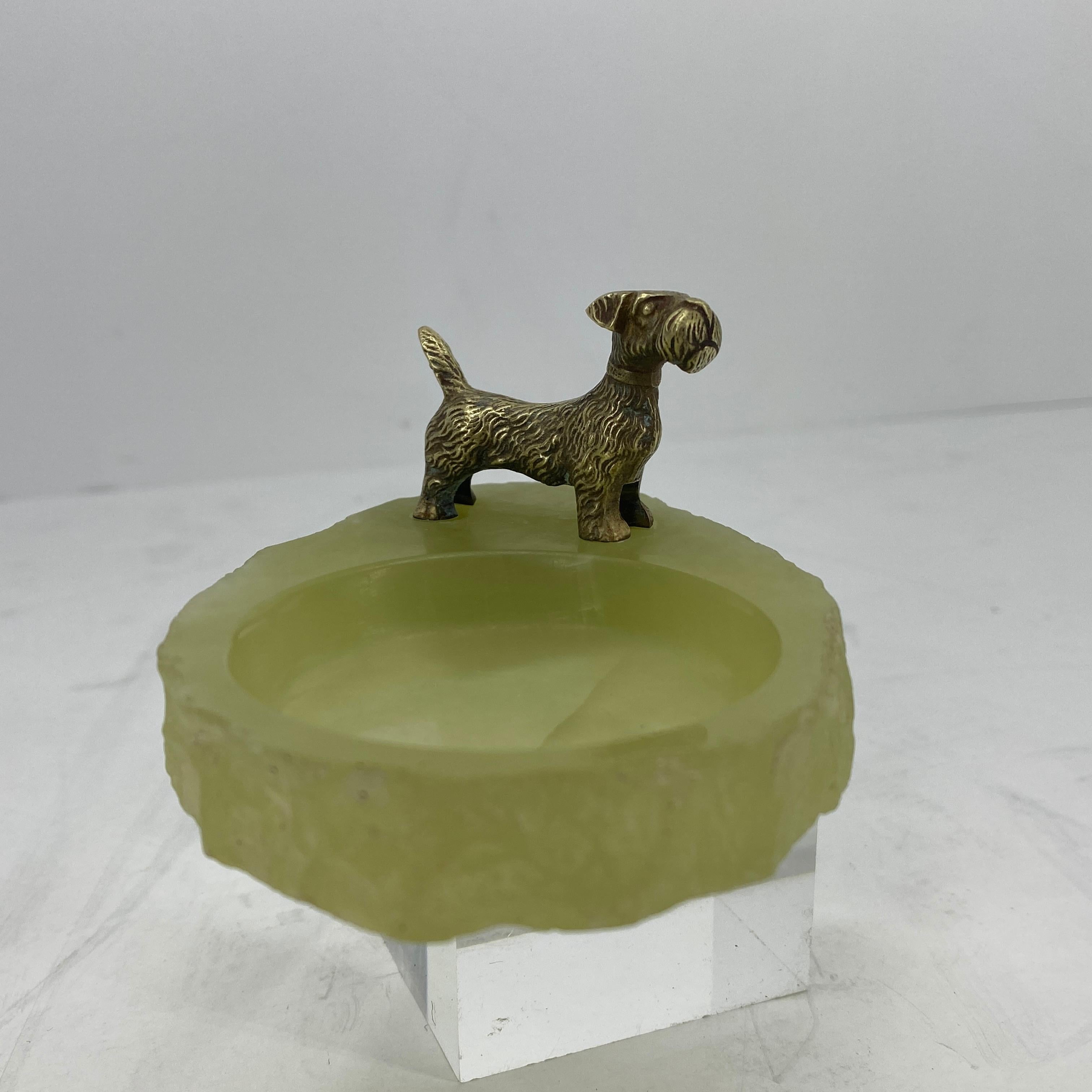 French Pistachio Green Onyx and Bronze Terrier Ashtray or Jewelry Tray