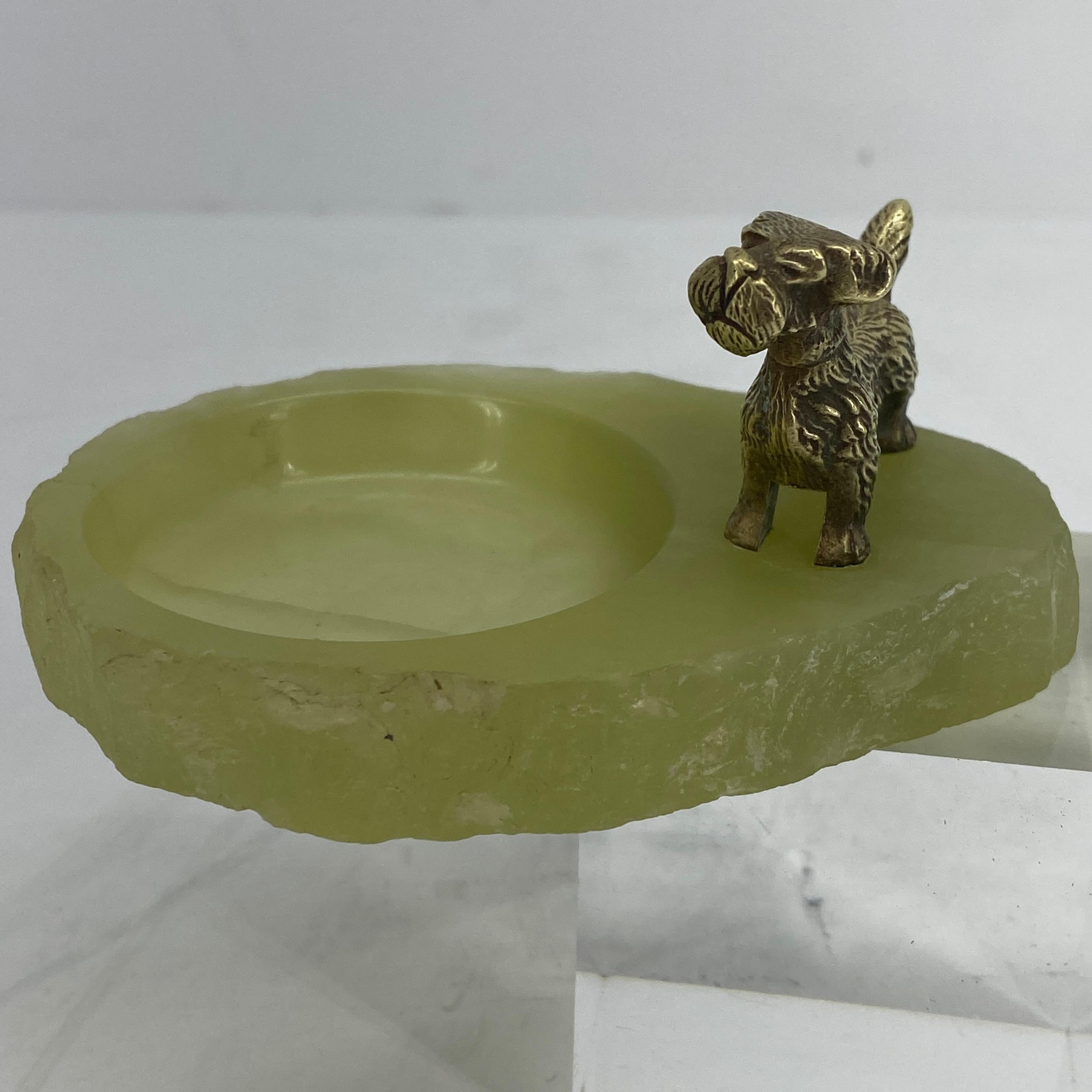 20th Century Pistachio Green Onyx and Bronze Terrier Ashtray or Jewelry Tray