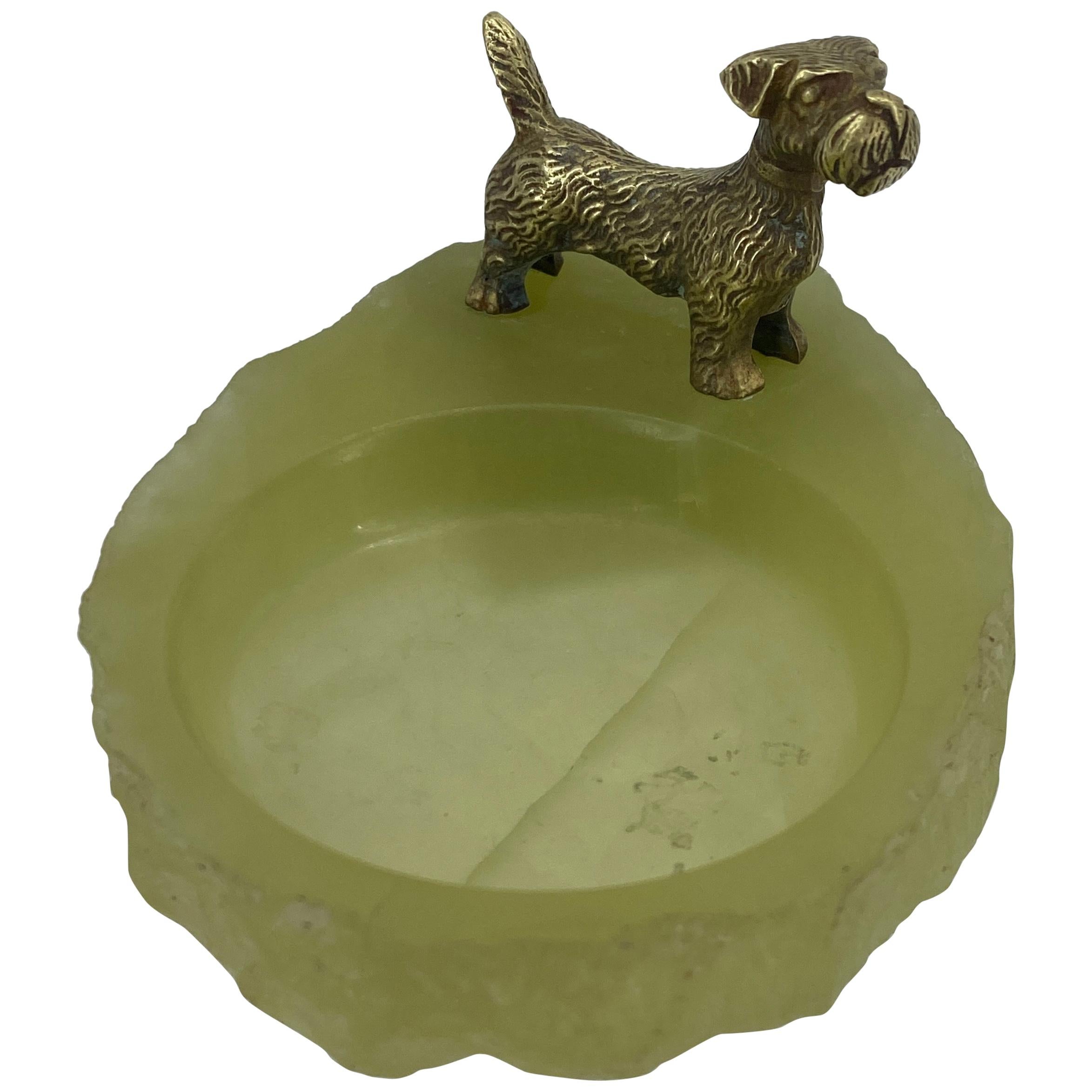 Pistachio Green Onyx and Bronze Terrier Ashtray or Jewelry Tray
