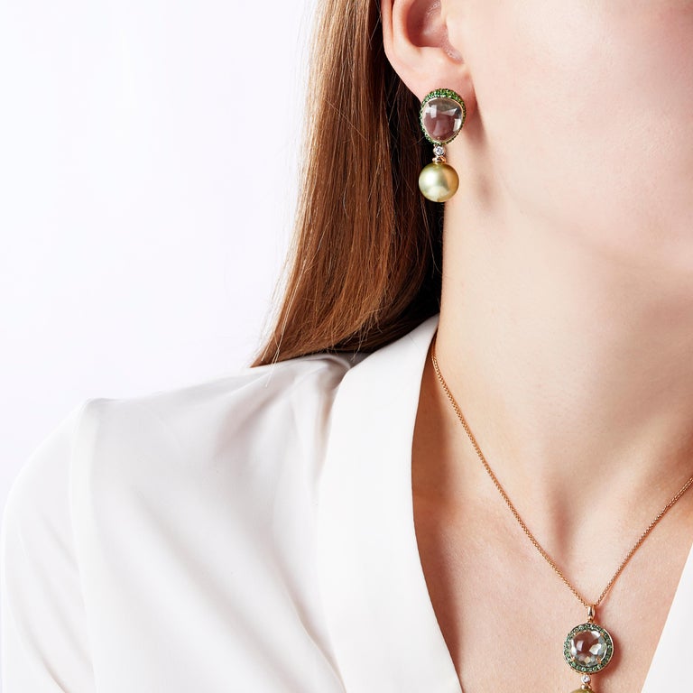 Contemporary Pistachio Tahitian Pearl, Amethyst Tsavorite & Diamond Earrings in 18K Rose Gold For Sale