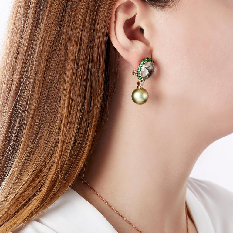 Round Cut Pistachio Tahitian Pearl, Amethyst Tsavorite & Diamond Earrings in 18K Rose Gold For Sale