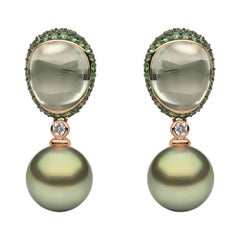 Pistachio Tahitian Pearl, Amethyst Tsavorite & Diamond Earrings in 18K Rose Gold