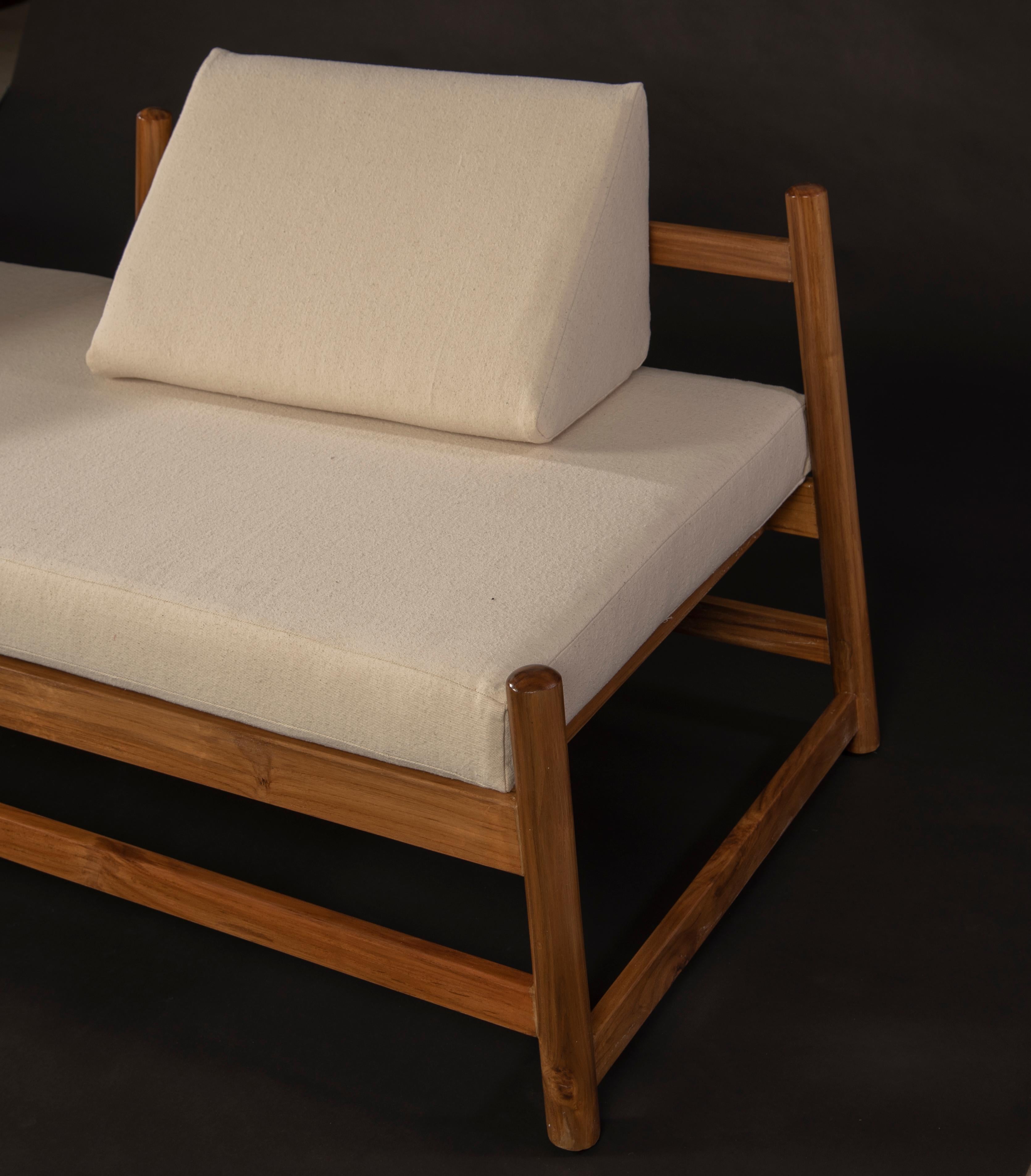 Camas de exterior Pita, madera de teca, tela vaquera blanca y cuero Minimalista en venta