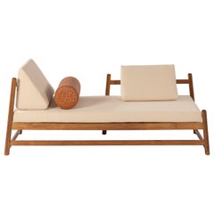 Pita Outdoors Daybed, Teak Wood, Off-White Denim and Leather