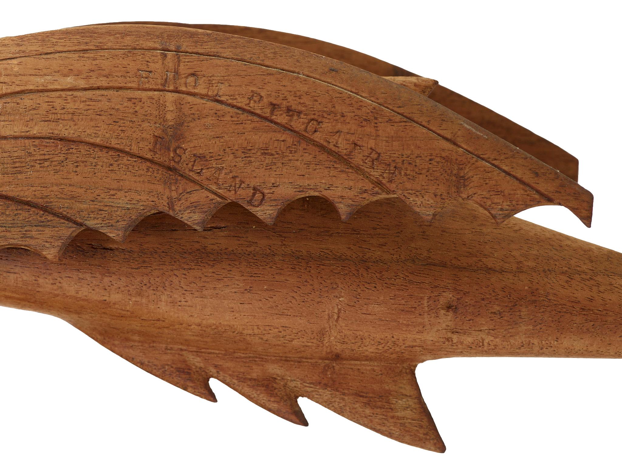 Pitcairn Islands carved wooden flying fish
Marked ‘From Pitcairn Island Made by Calvert Warren’, descendant of H.M.S. Bounty mutineers. On original stand with punch mark decoration. Circa 1920
L 54, w 11 , h 18cm. South Pacific