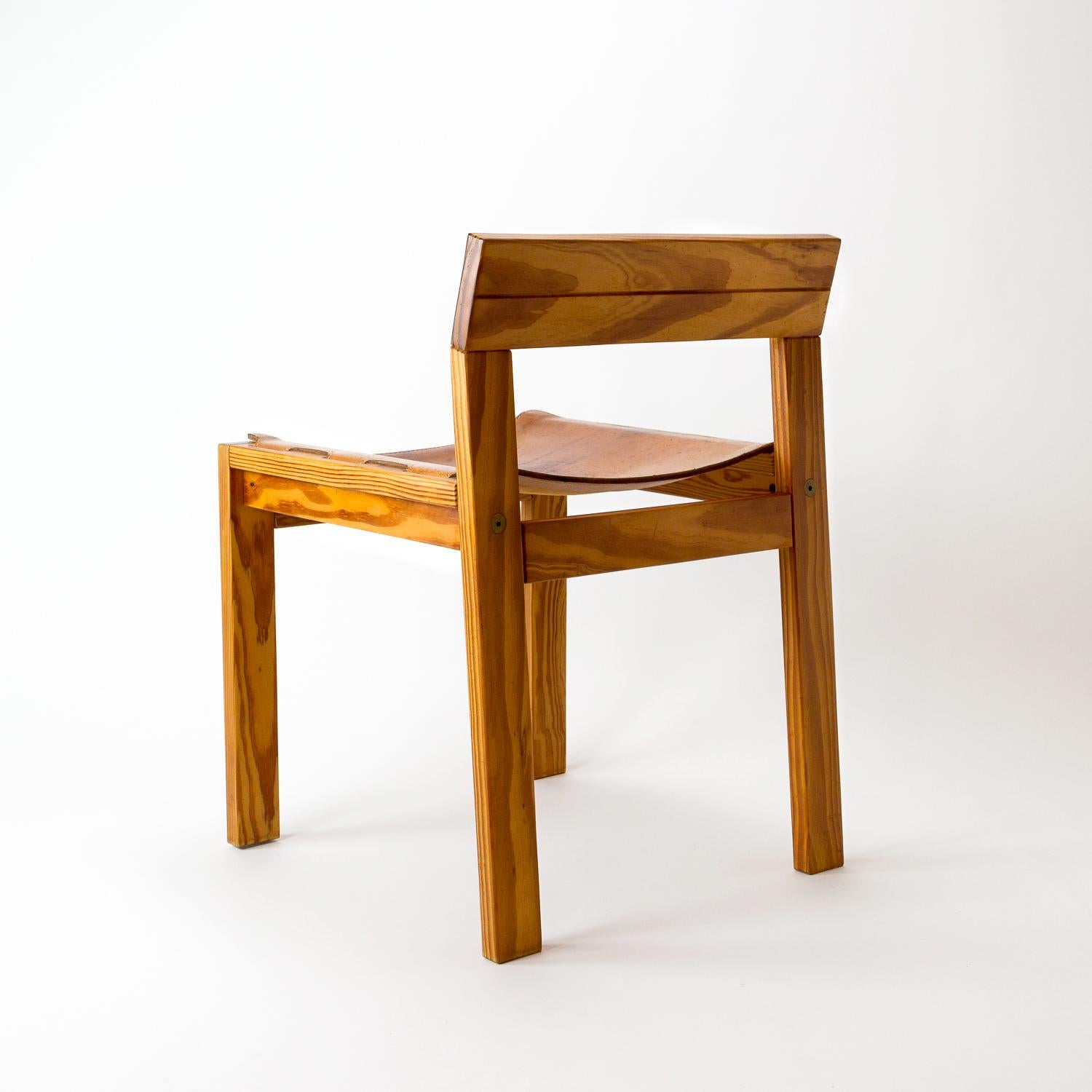 Danish Pitch Pine and Cognac Leather Side Chair, Denmark, 1970s For Sale