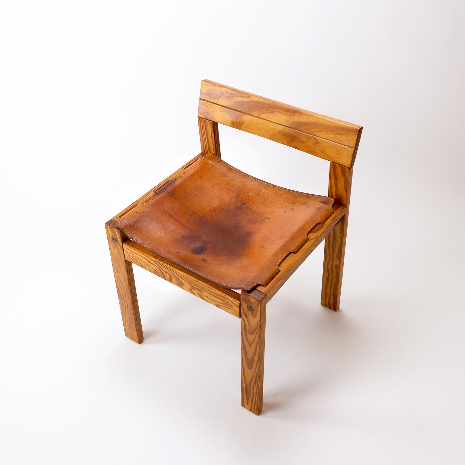 Pitch Pine and Cognac Leather Side Chair, Denmark, 1970s For Sale 1