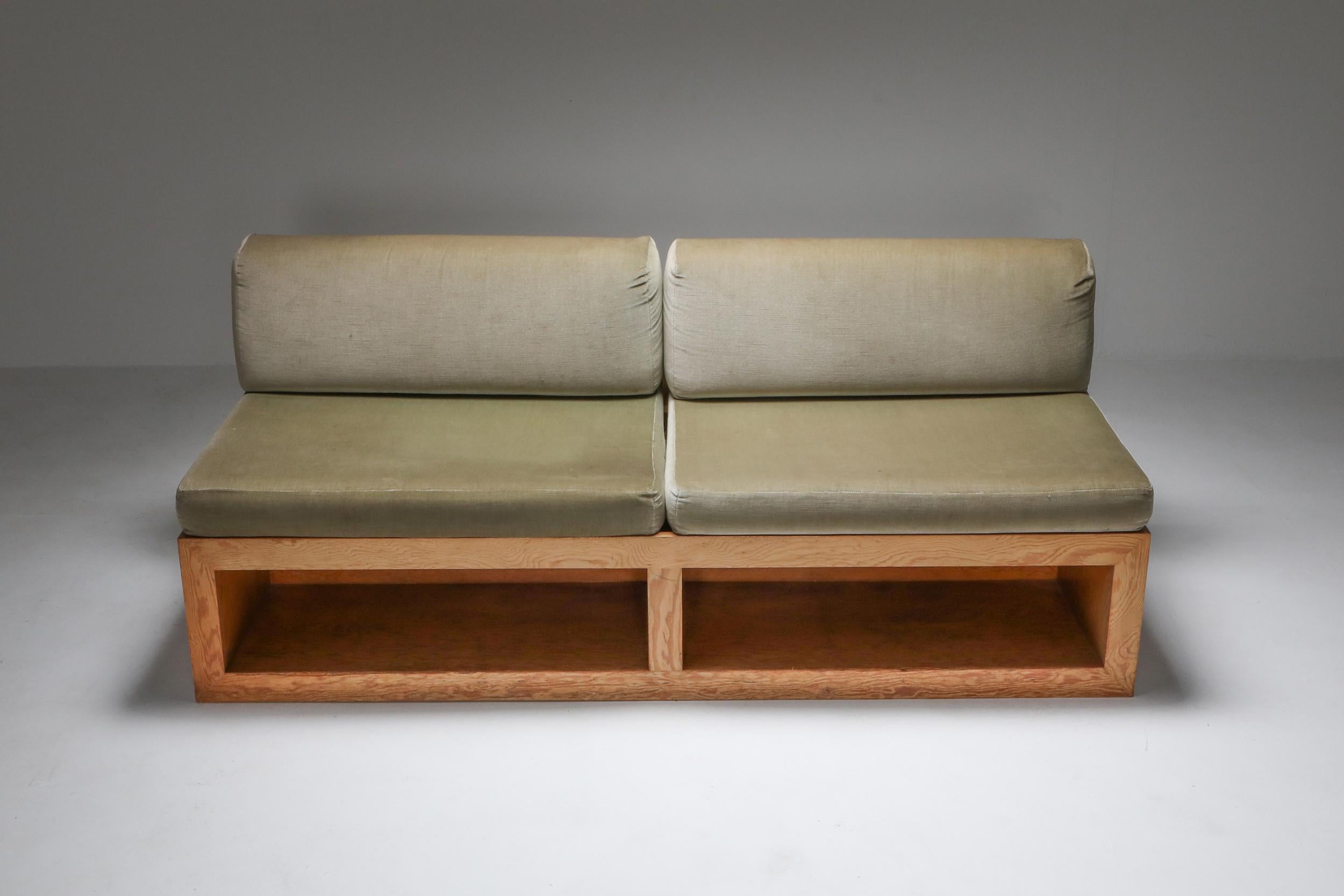Pitch Pine and Velvet Loveseat Sofa In Good Condition In Antwerp, BE