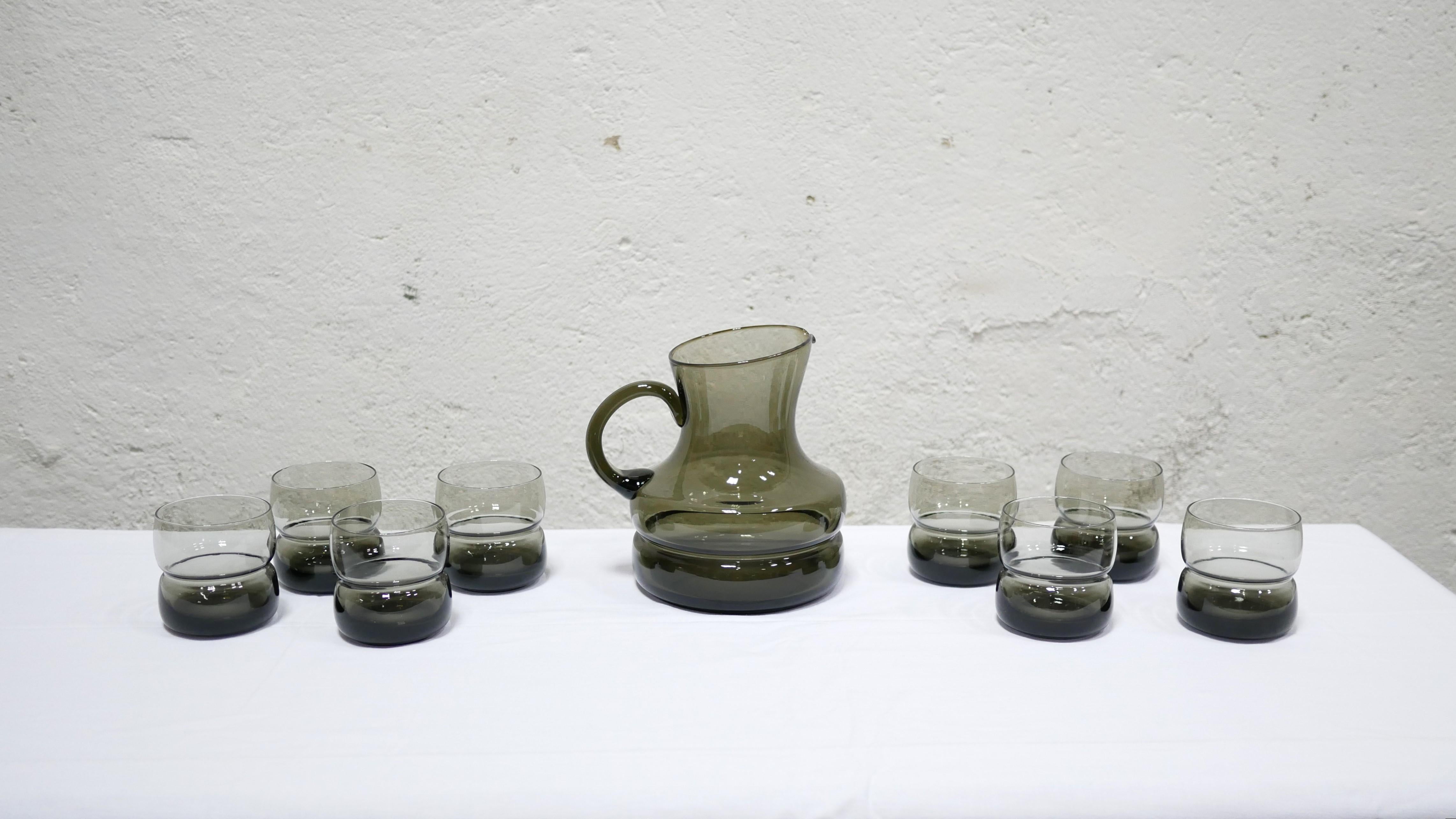 Pitcher and 8 Vintage Glasses in Smoked Glass 12