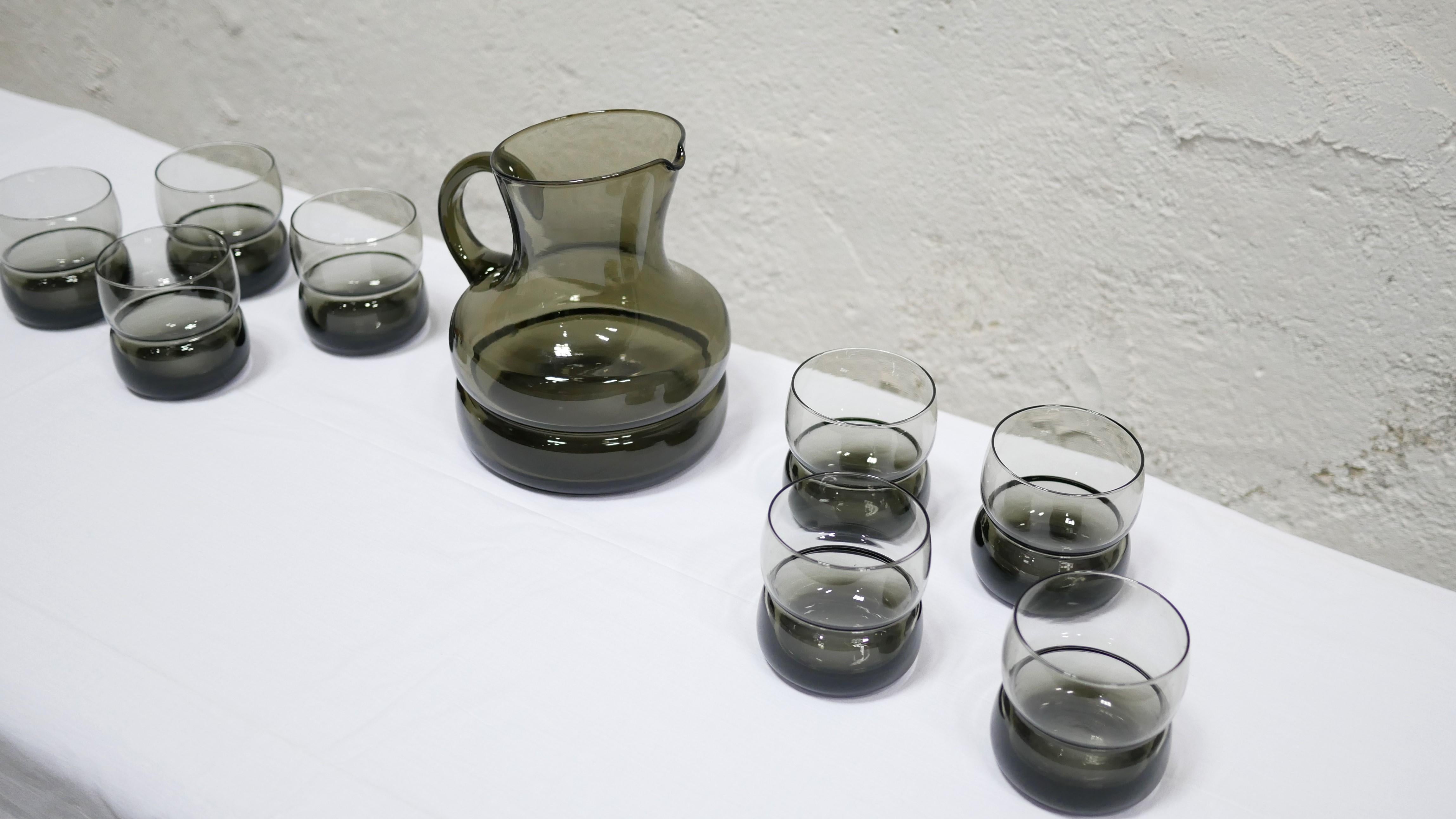 French Pitcher and 8 Vintage Glasses in Smoked Glass