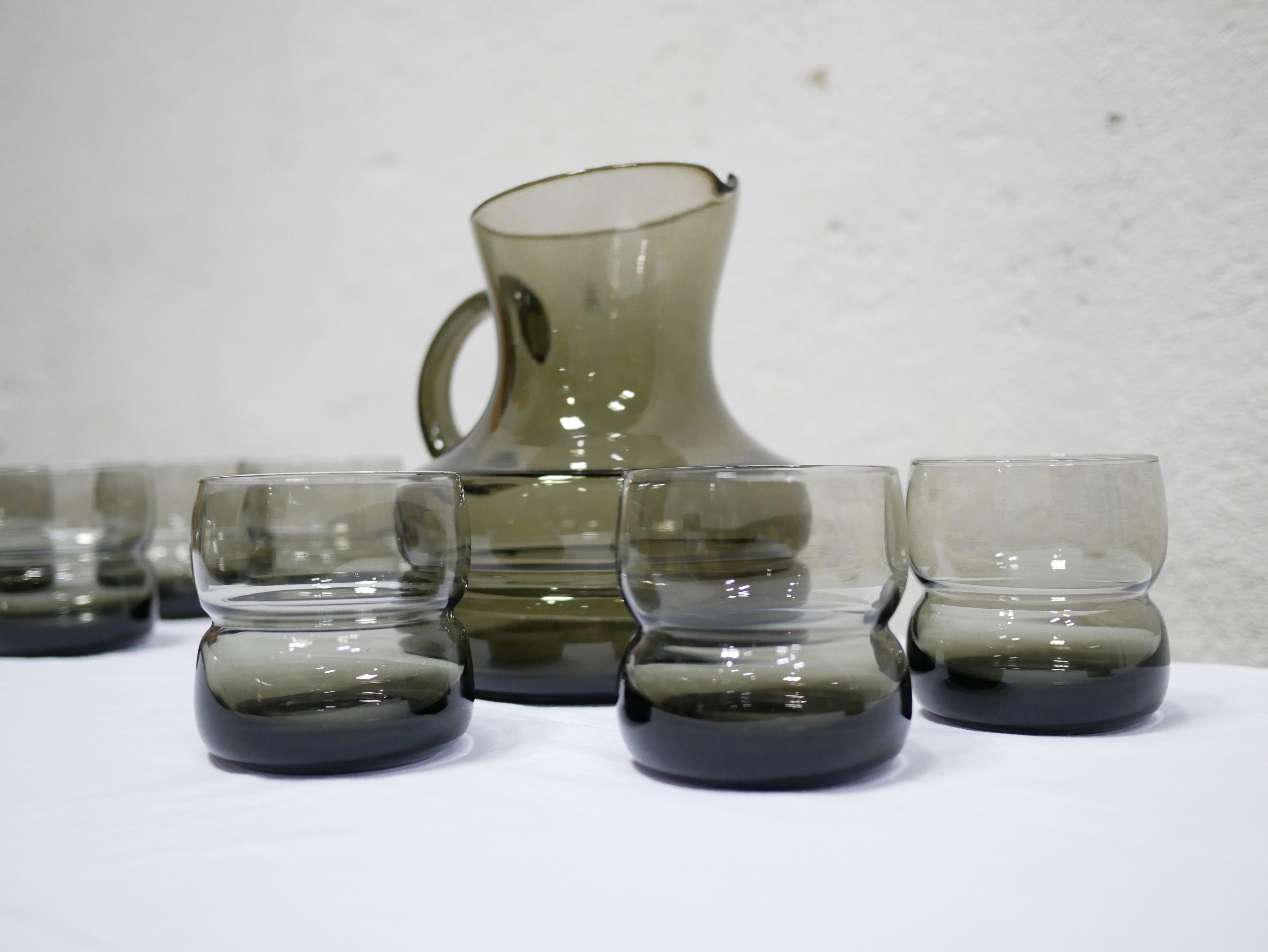 Pitcher and 8 Vintage Glasses in Smoked Glass 1