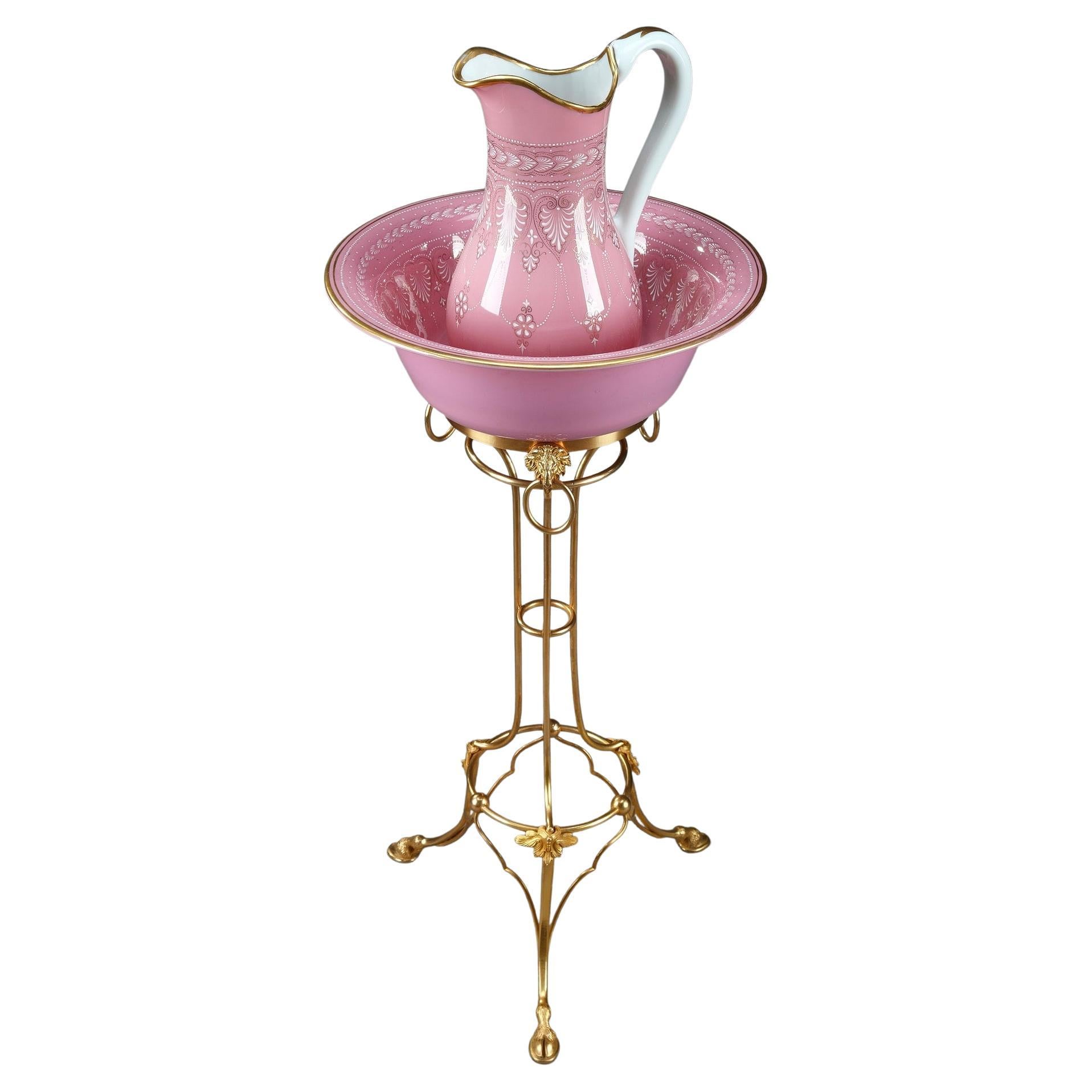 Pitcher and Its Opaline Basin on a Gilt Bronze Base, 19th Century For Sale
