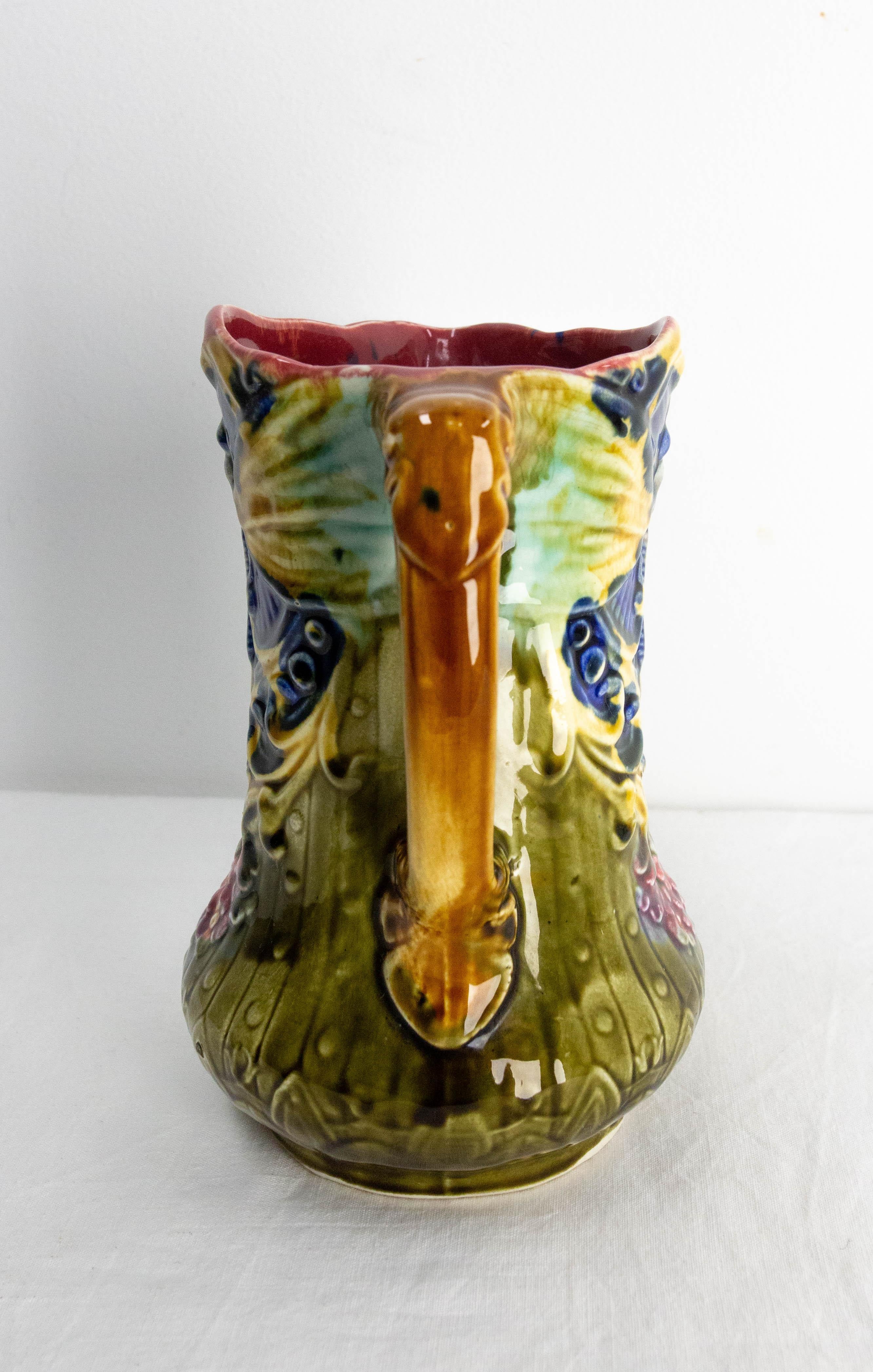 French Pitcher Art Nouveau Onnaing Barbotine, Early 20th Century For Sale