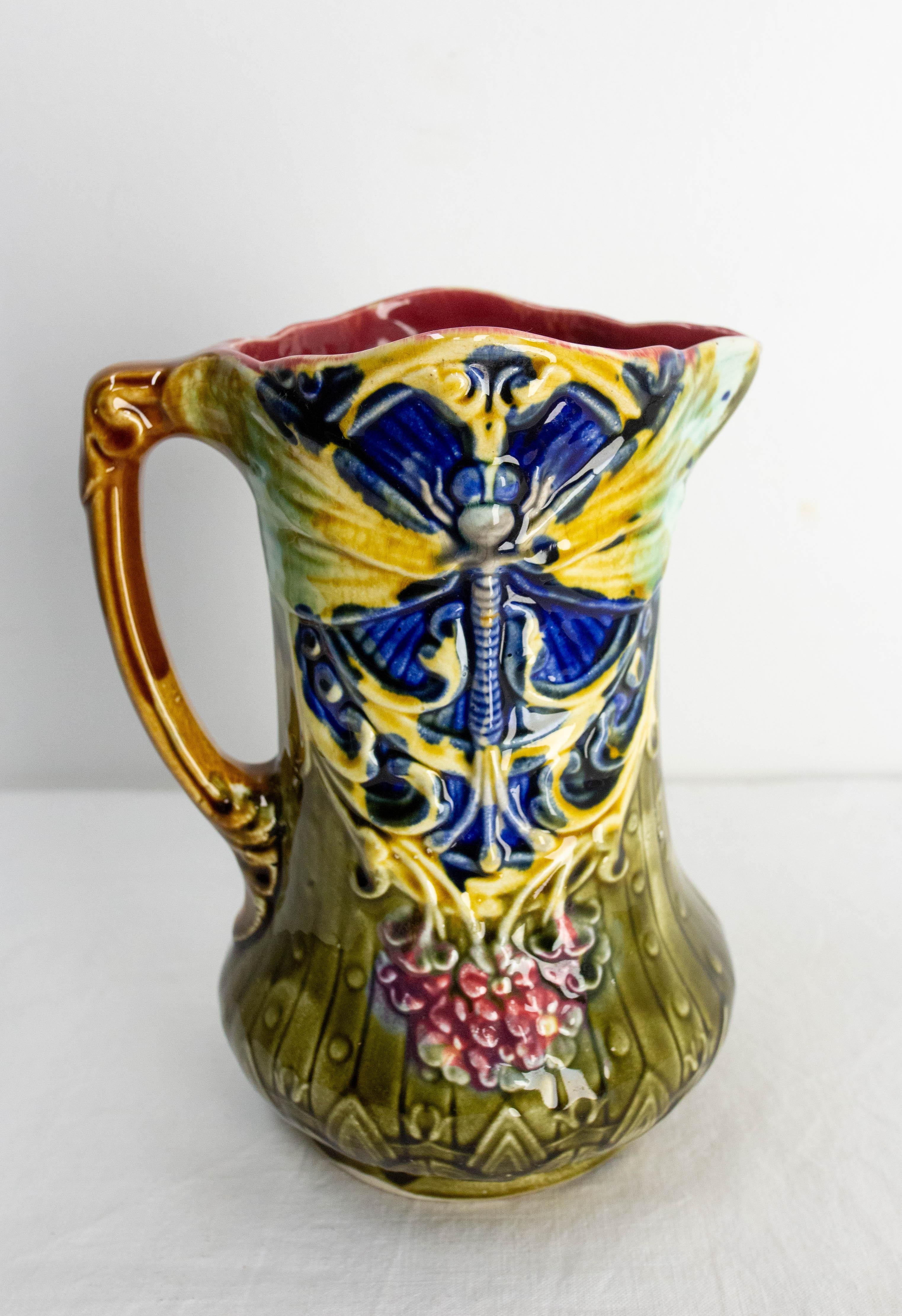Pitcher Art Nouveau Onnaing Barbotine, Early 20th Century In Good Condition For Sale In Labrit, Landes