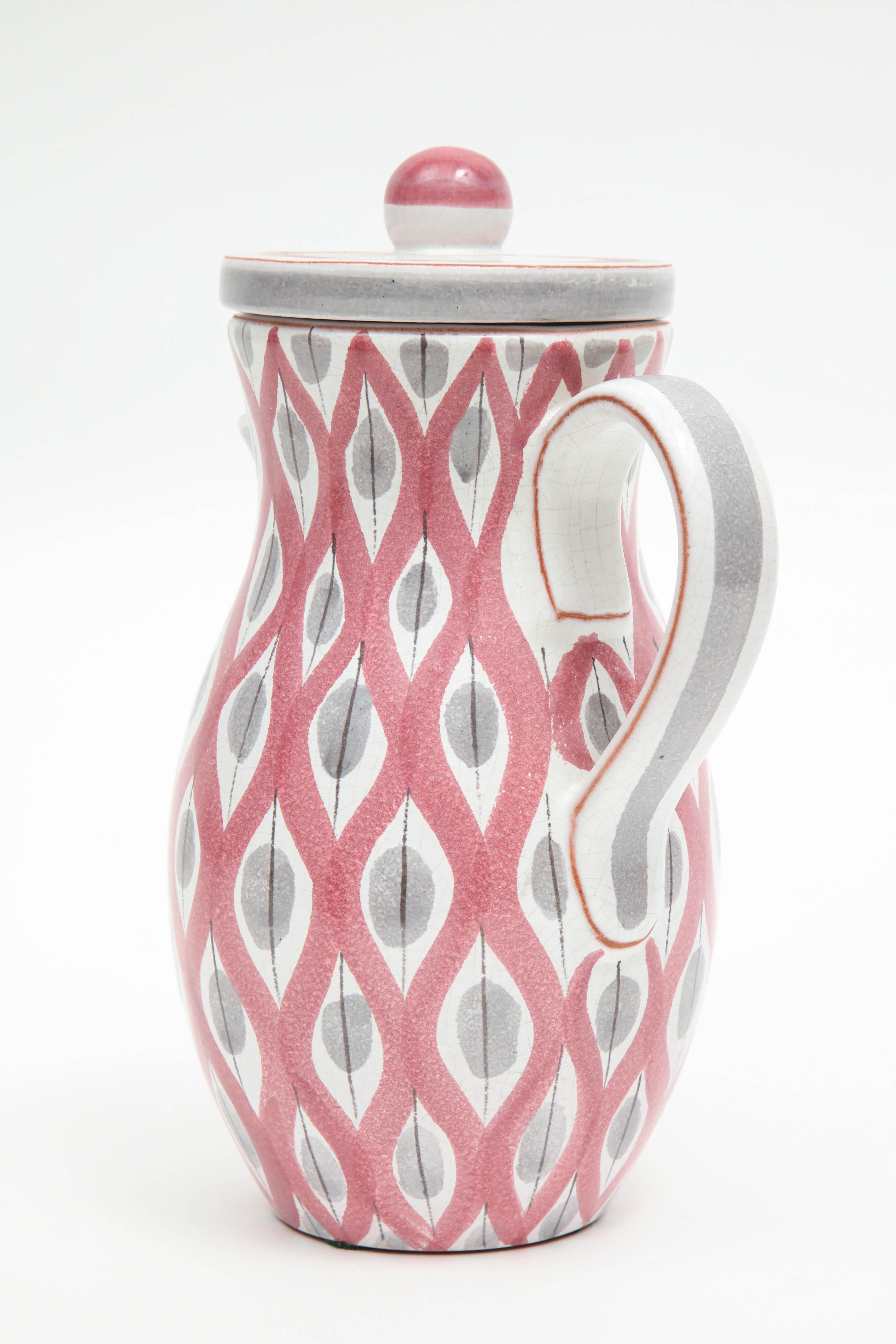 Mid-Century Modern Pitcher by Stig Lindberg, Scandinavian, Midcentury, Red, Gray and White, C 1950 For Sale