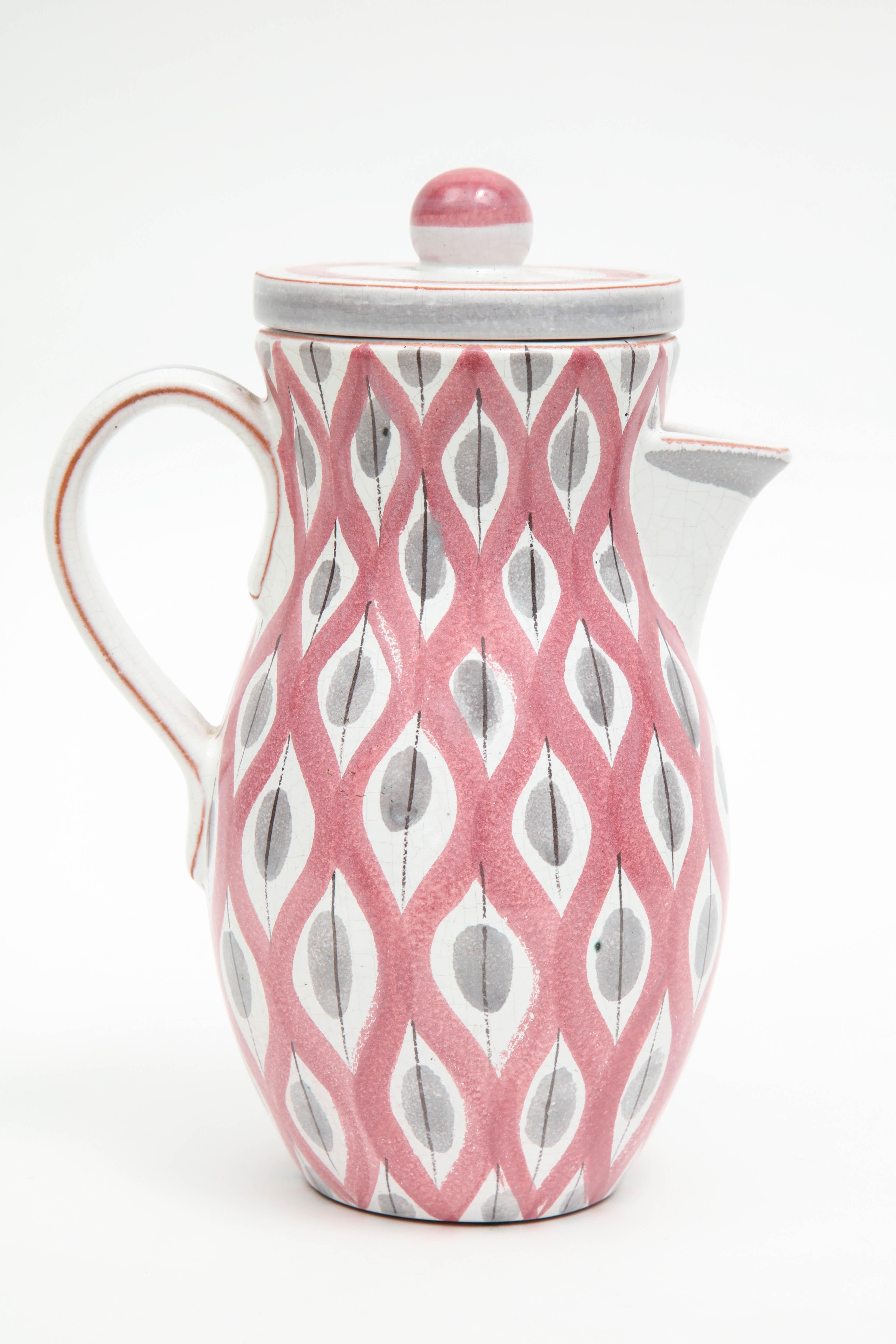Hand-Painted Pitcher by Stig Lindberg, Scandinavian, Midcentury, Red, Gray and White, C 1950 For Sale
