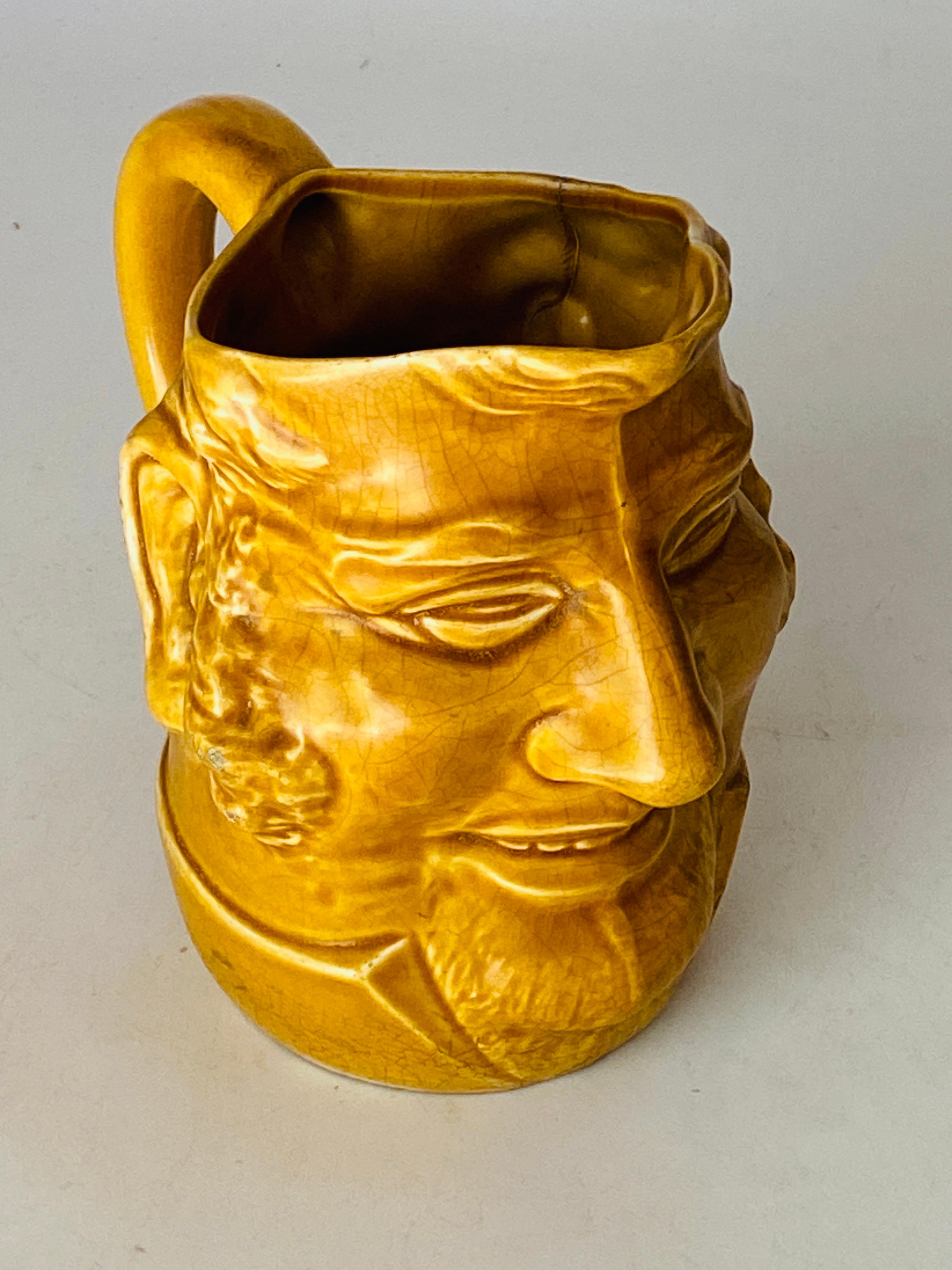 Mid-Century Modern Pitcher in Ceramic from France Yellow Color Shape Man Face France 1970 For Sale