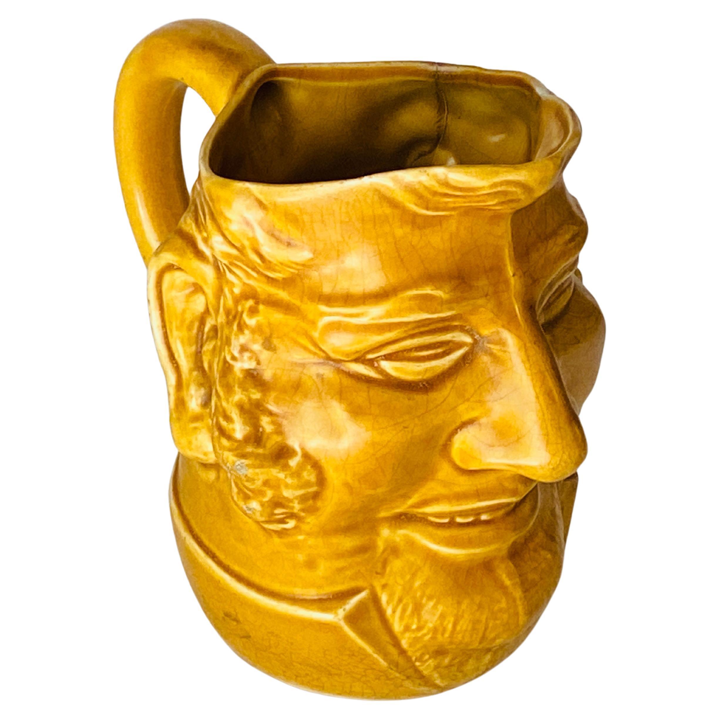 Pitcher in Ceramic from France Yellow Color Shape Man Face France 1970