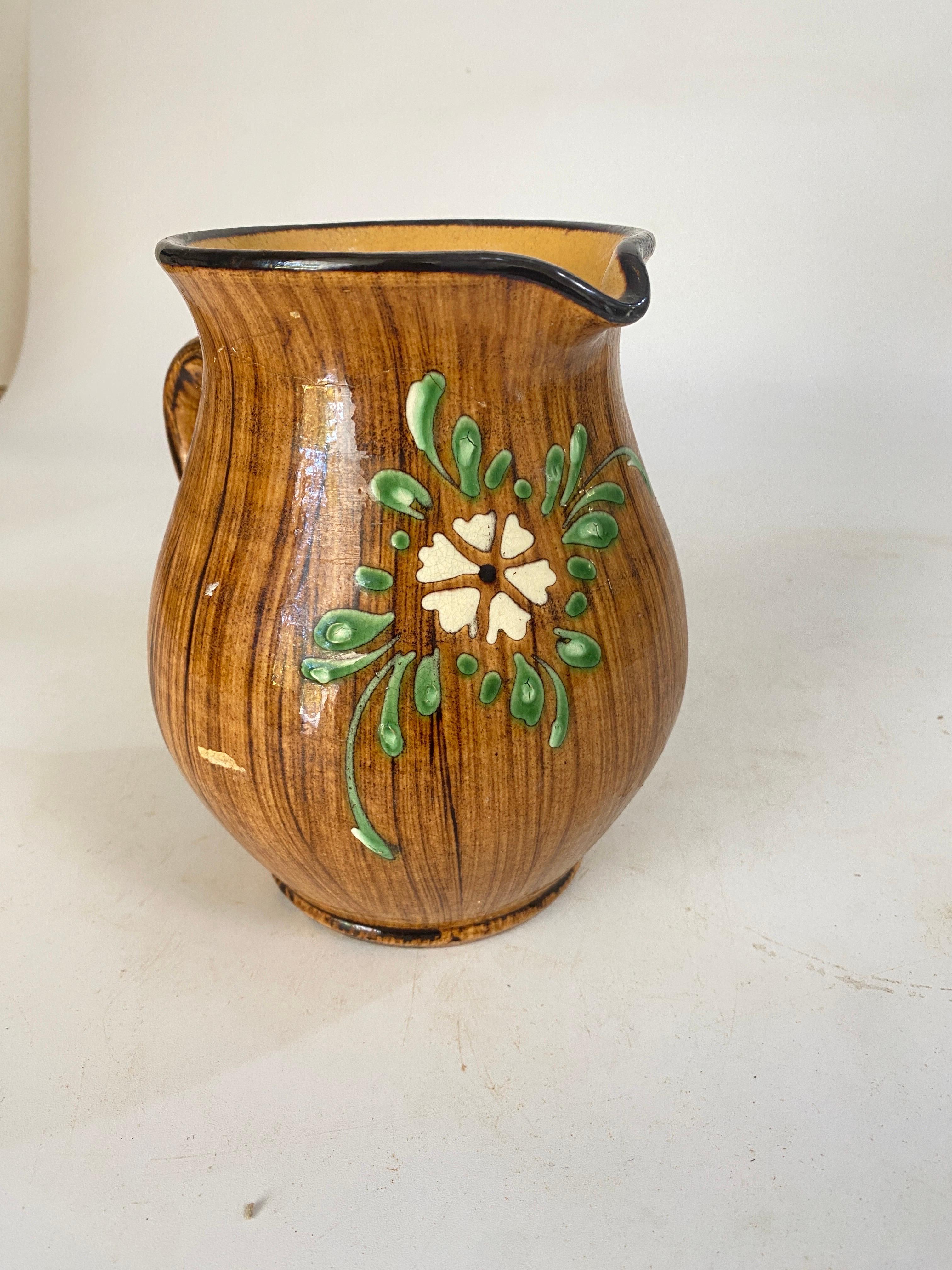 French Pitcher in Ceramic Mountain Chalet Style Brown Color Green Flowers France, 1960 For Sale