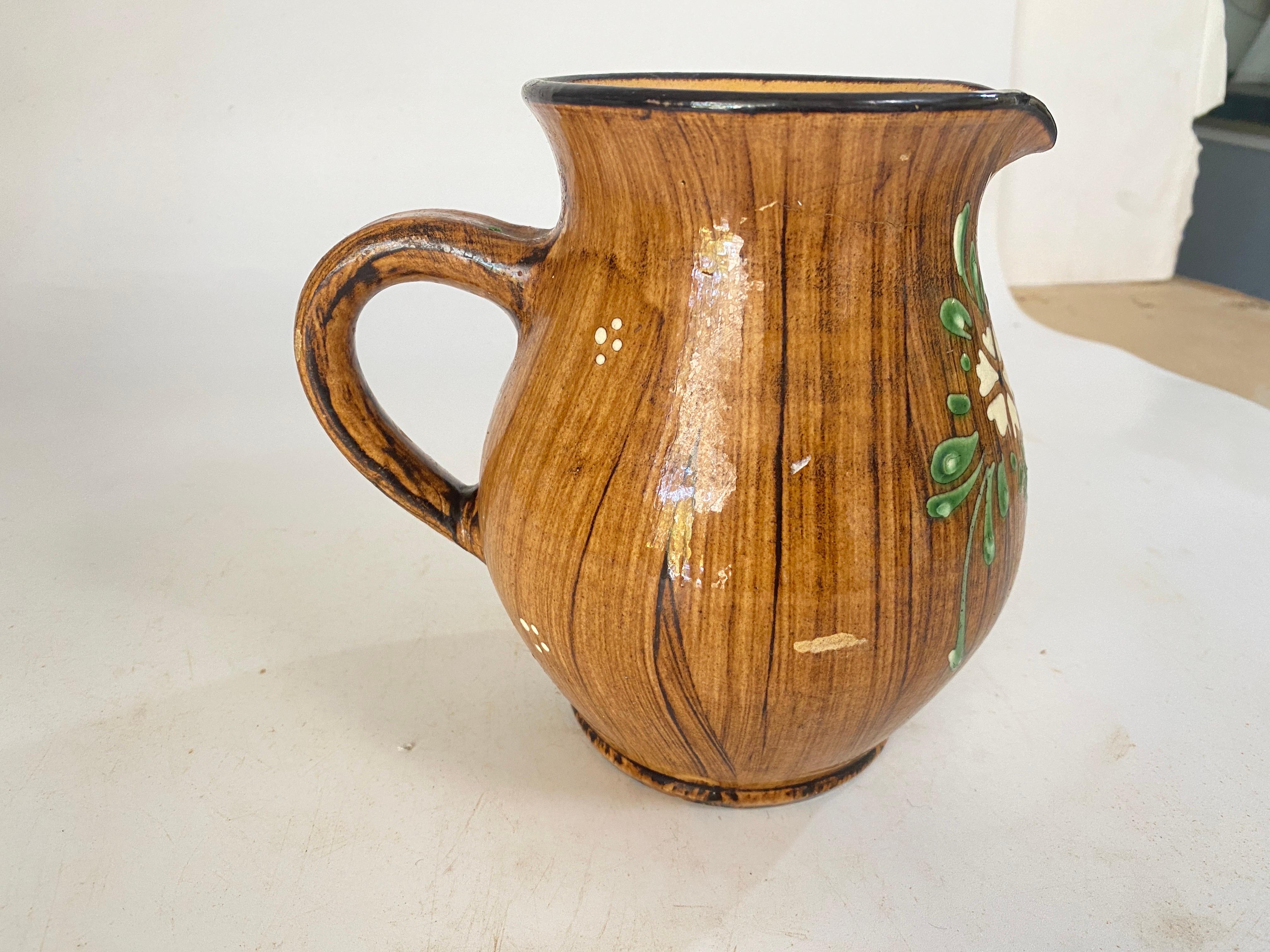 Hand-Painted Pitcher in Ceramic Mountain Chalet Style Brown Color Green Flowers France, 1960 For Sale