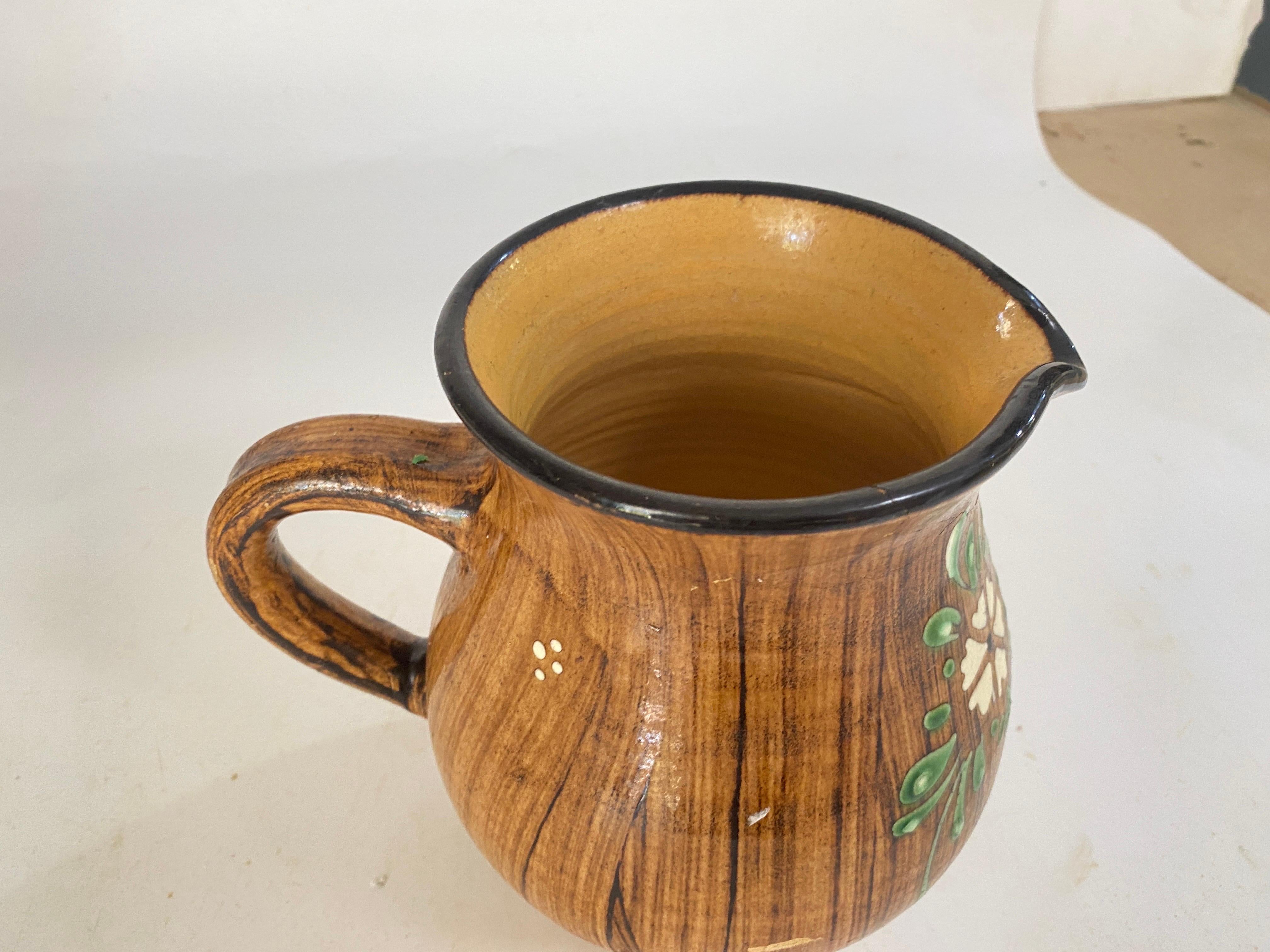 Pitcher in Ceramic Mountain Chalet Style Brown Color Green Flowers France, 1960 In Good Condition For Sale In Auribeau sur Siagne, FR