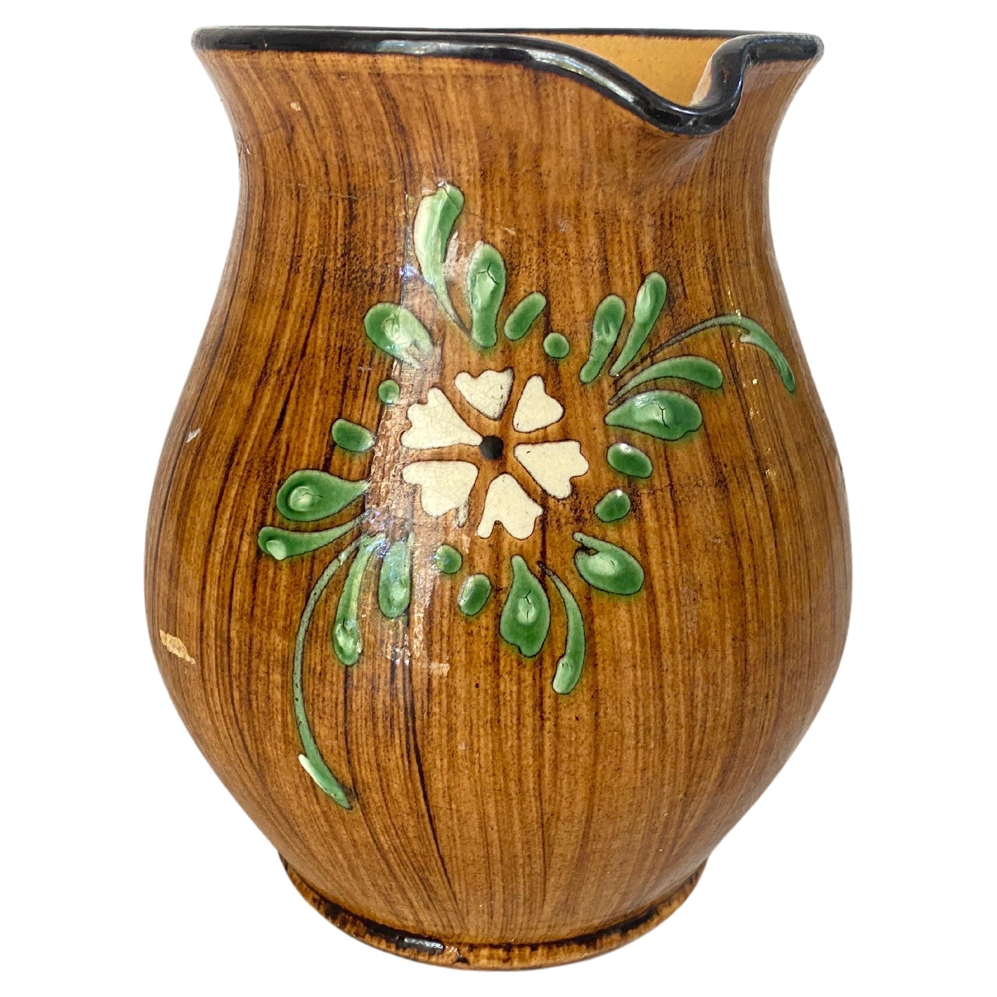 Krug in Keramik Mountain Chalet Style Brown Farbe Grün Blumen Frankreich, 1960
