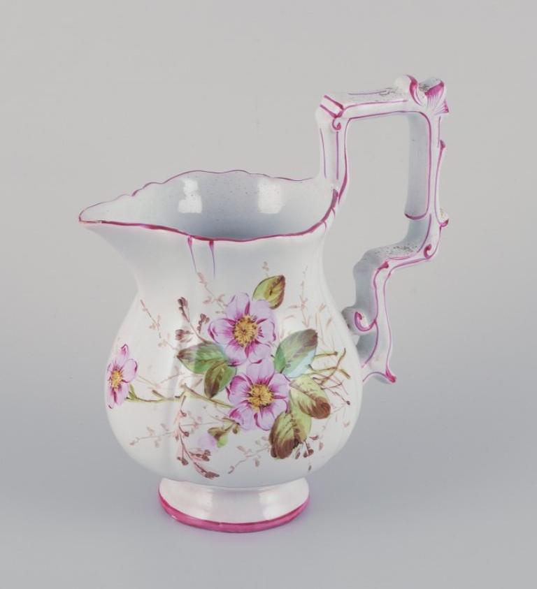 Hand-Painted Pitcher in faience with motifs of flowers and insects. Style of Emile Gallé For Sale
