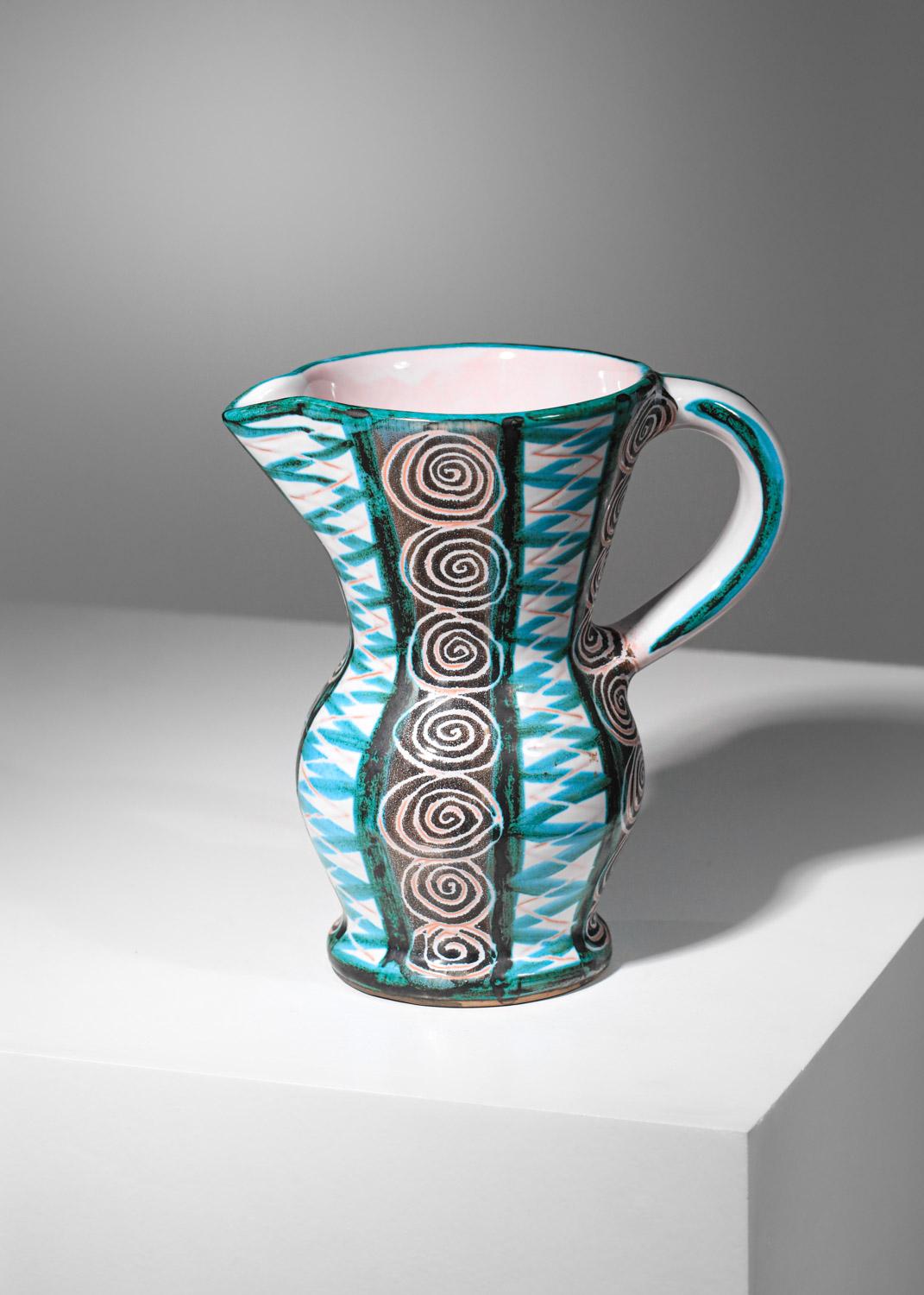 Hand-Crafted Pitcher robert picault vallauris ceramics années 60 For Sale