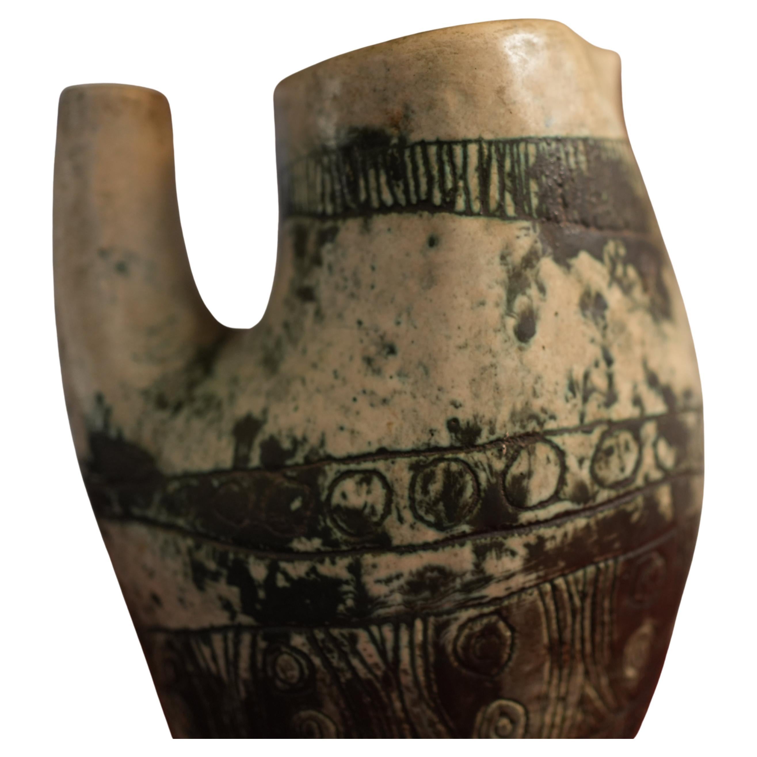 Pitcher Vase Owl Signed Jacques Blin, French Ceramic, 1950 For Sale