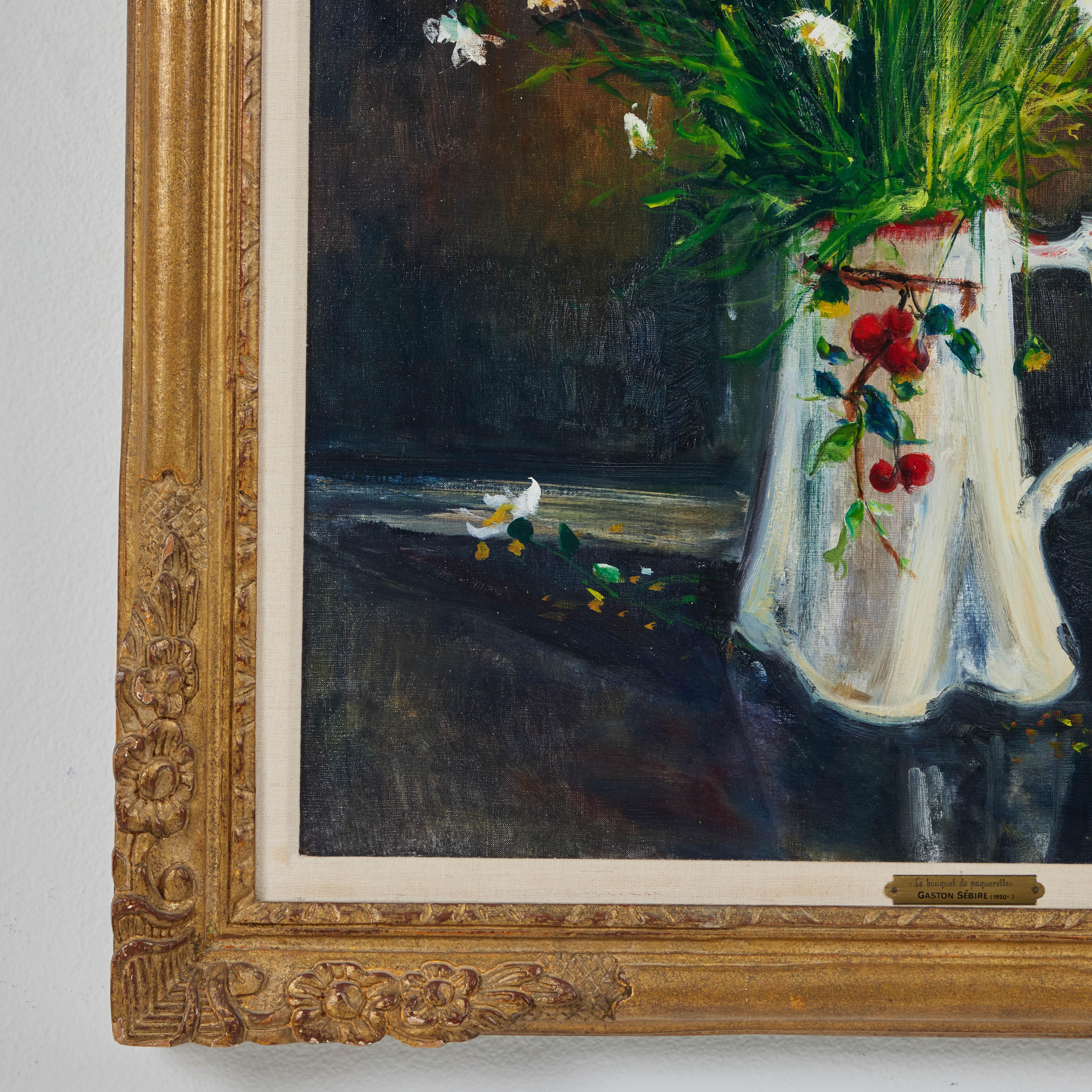 Hand-Painted Pitcher with Flowers, Oil on Canvas, Gaston Sébire (1920-2001) For Sale
