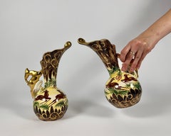 Pitchers Vintage Deer Ewers Belgium, Hubert Bequet Hand-Painted Jugs Set 2