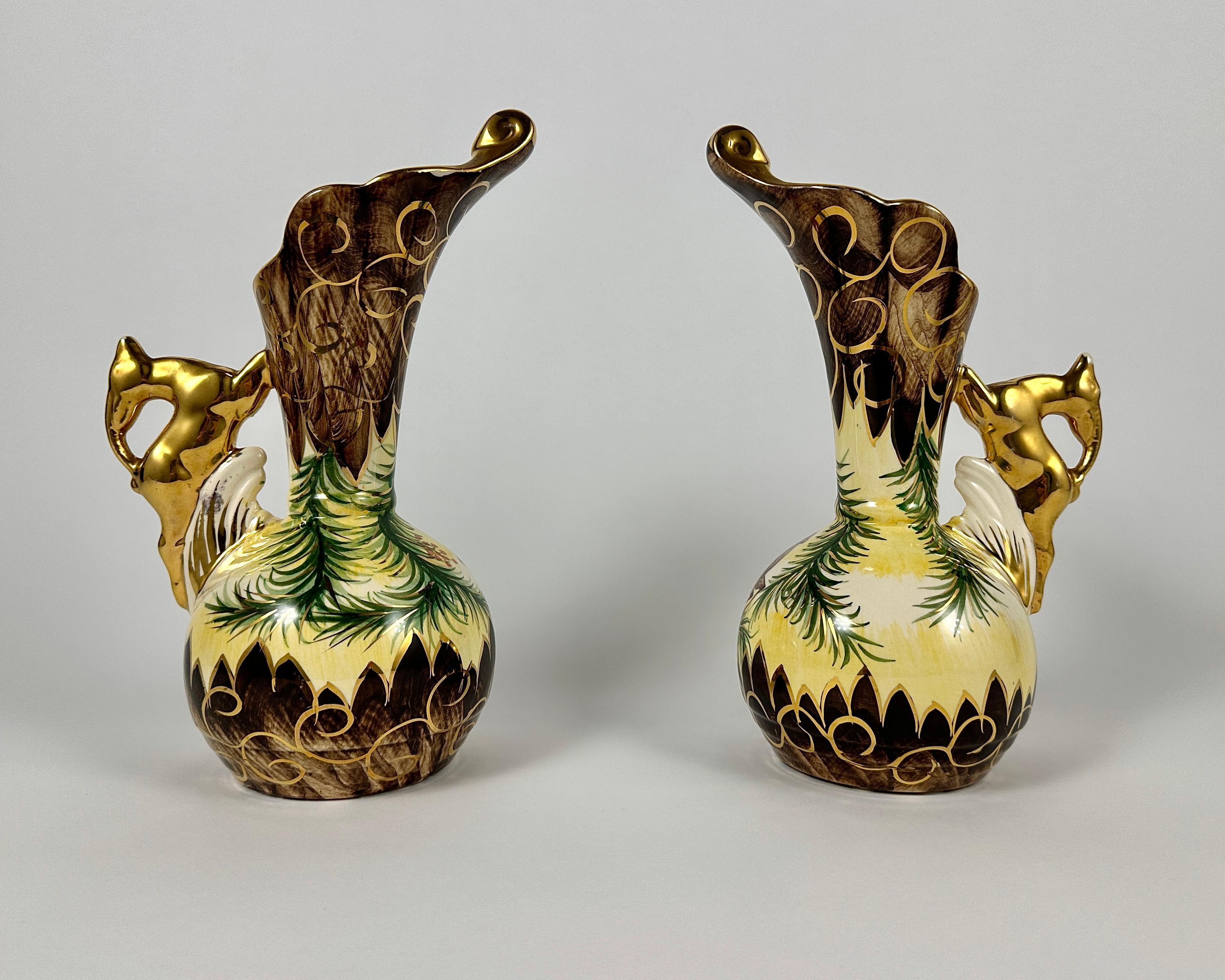 Jarras Vintage Ciervo Ewers Bélgica, Hubert Bequet Pintado a mano Jarras Juego 2 Belga en venta