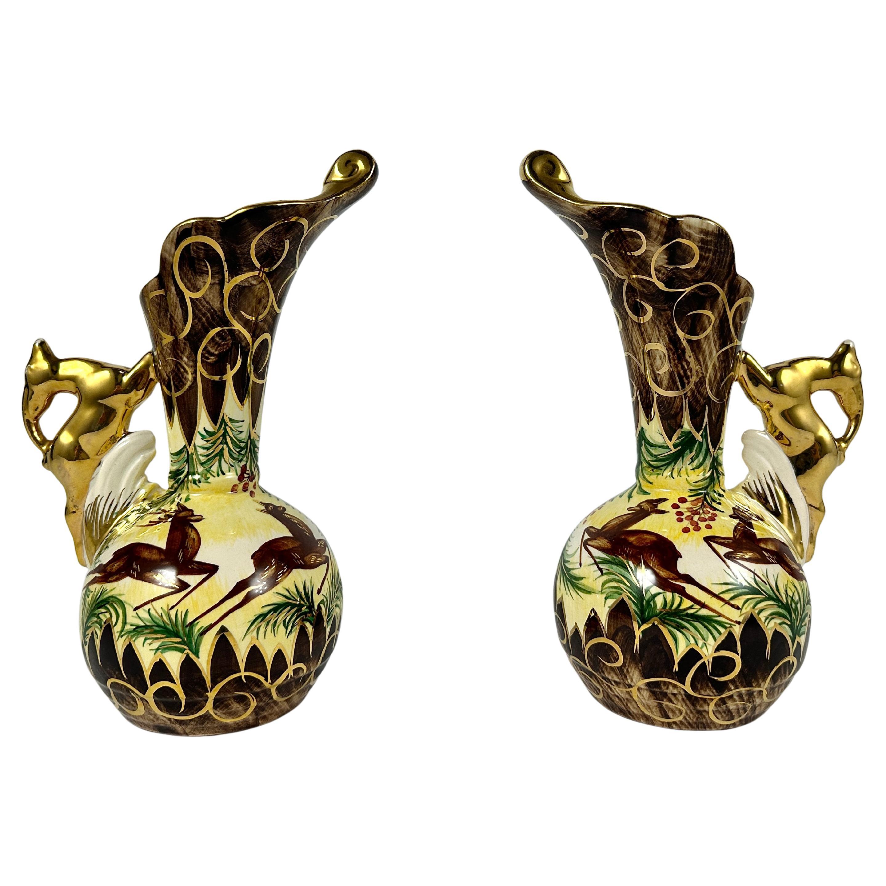 Jarras Vintage Ciervo Ewers Bélgica, Hubert Bequet Pintado a mano Jarras Juego 2 en venta