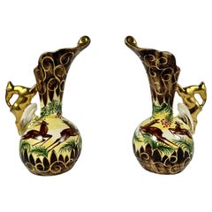 Pitchers Vintage Deer Ewers Belgium, Hubert Bequet Hand-Painted Jugs Set 2