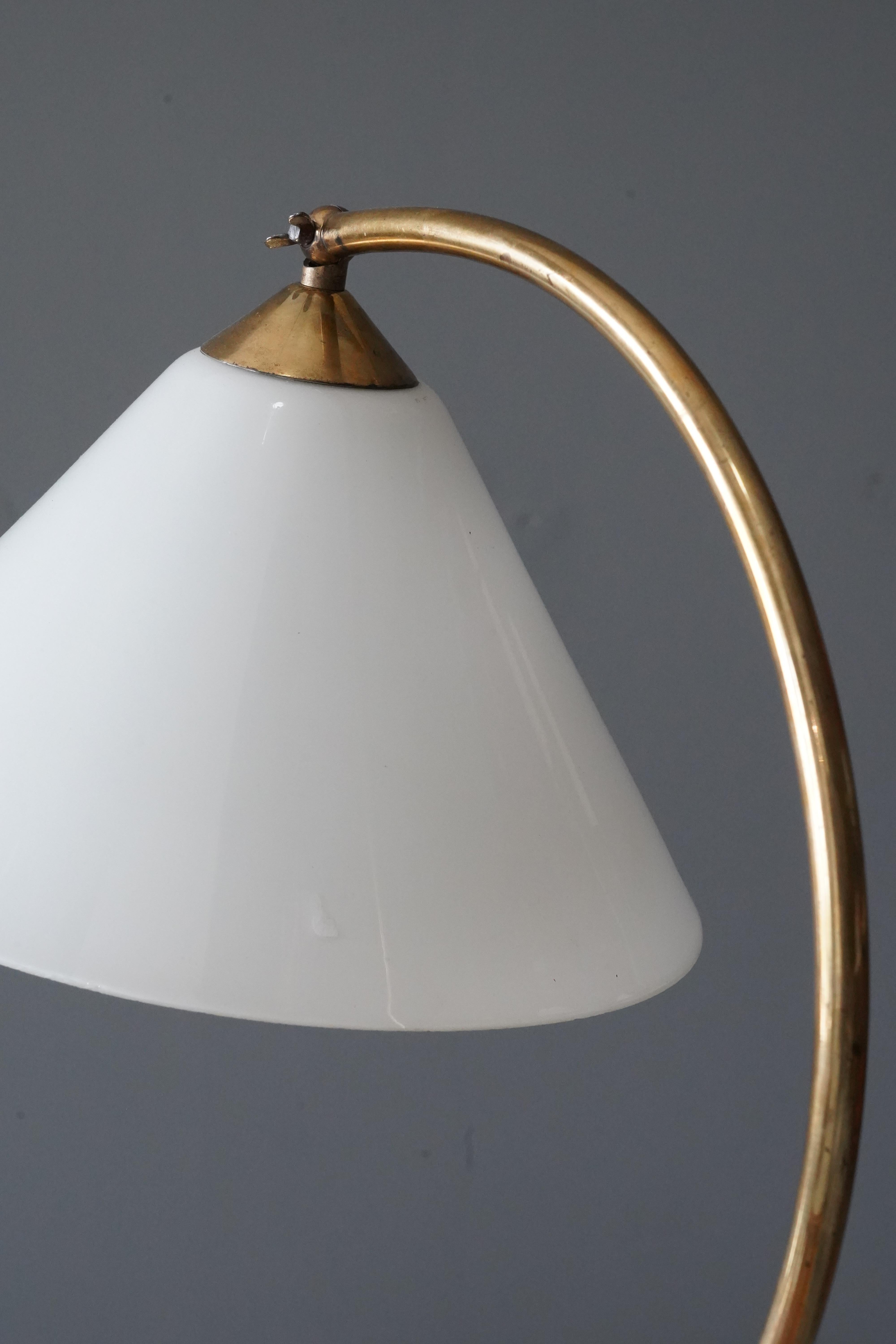 Pitt Müller, Curved Table Lamp, Brass, Milk Glass, Germany, 1950s 1