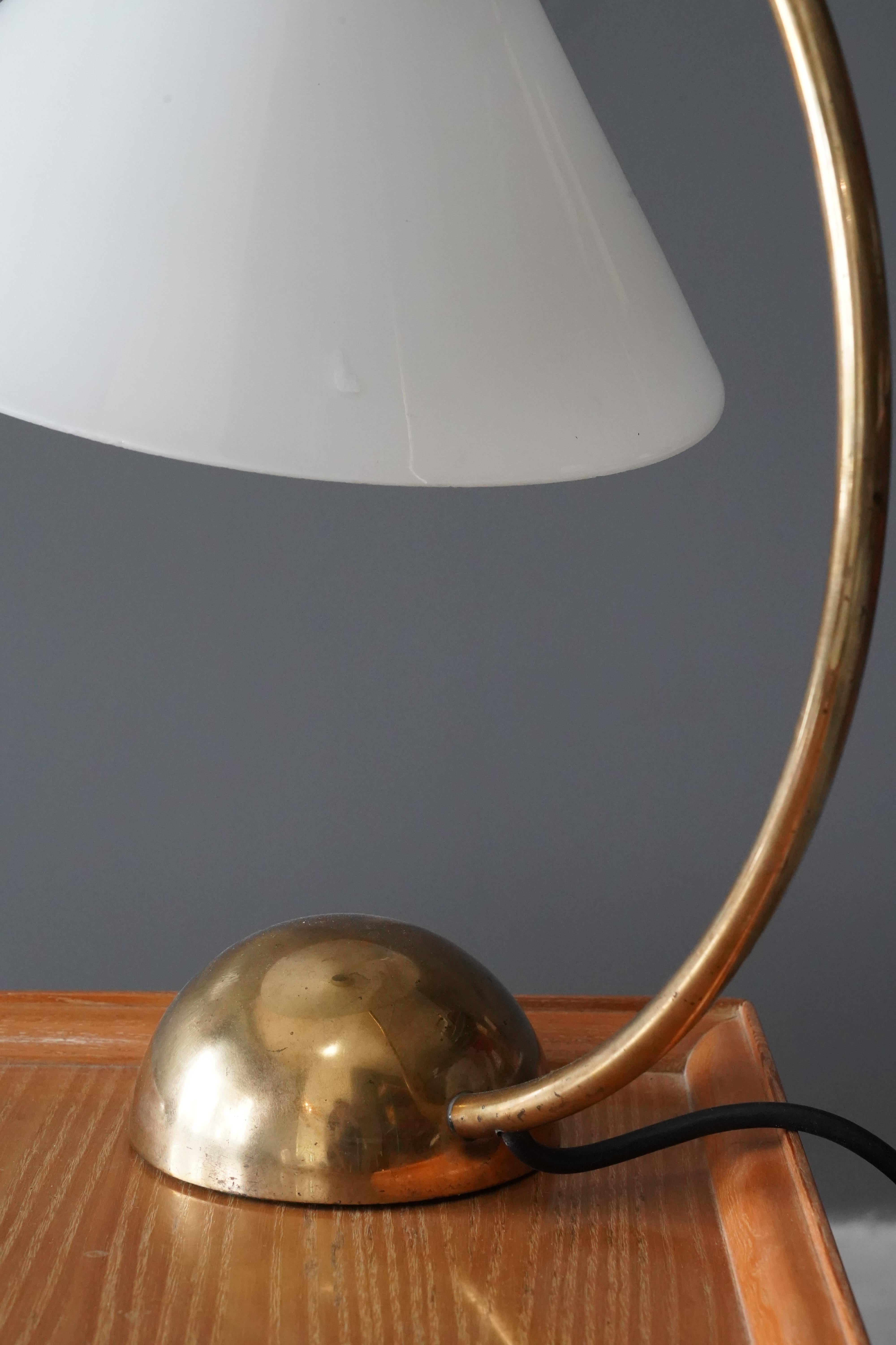 Pitt Müller, Curved Table Lamp, Brass, Milk Glass, Germany, 1950s 2